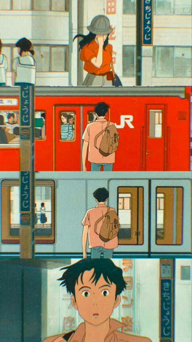 Studio Ghibli, Ocean Waves, red train, SD Phone Wallpaper