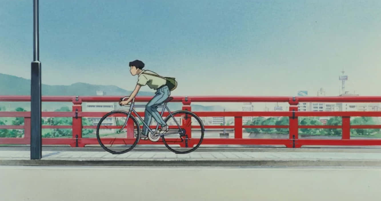 Studio Ghibli, Ocean Waves, vibrant red bridge, HD Desktop Wallpaper