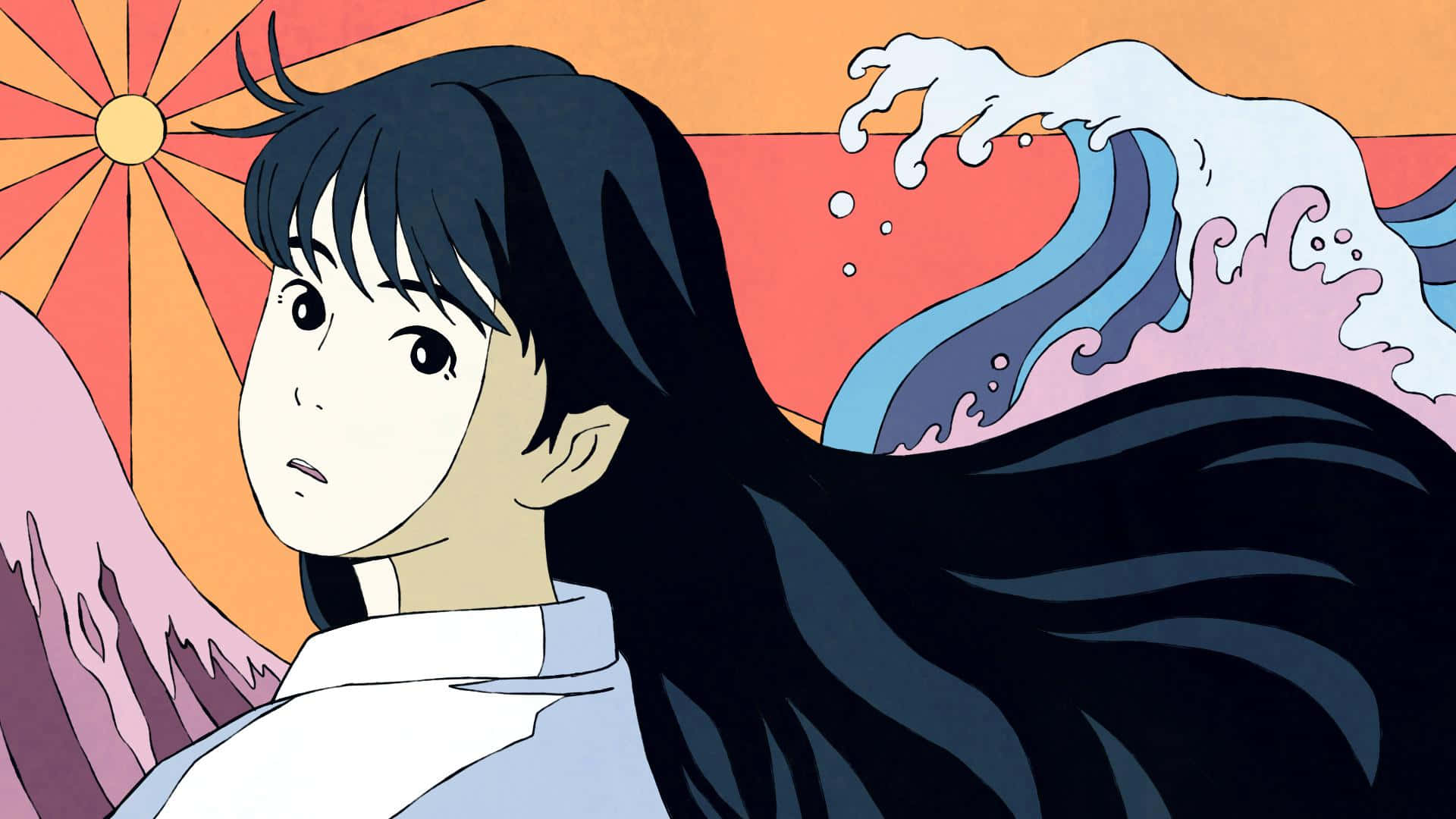 Studio Ghibli, Ocean Waves, long black hair, Full HD Desktop Wallpaper