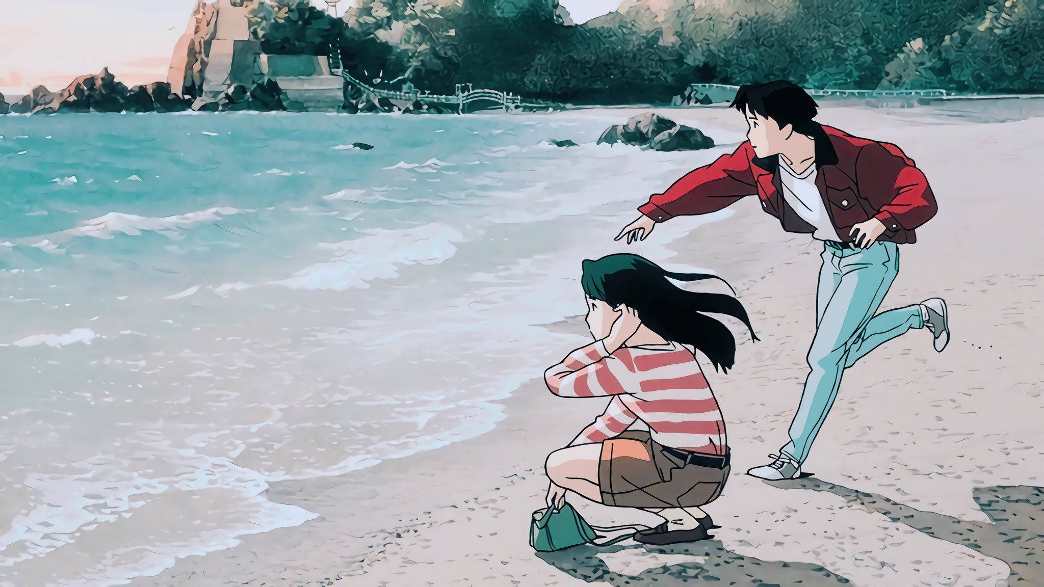 Ocean Waves, anime girls, beach, Full HD Desktop Wallpaper