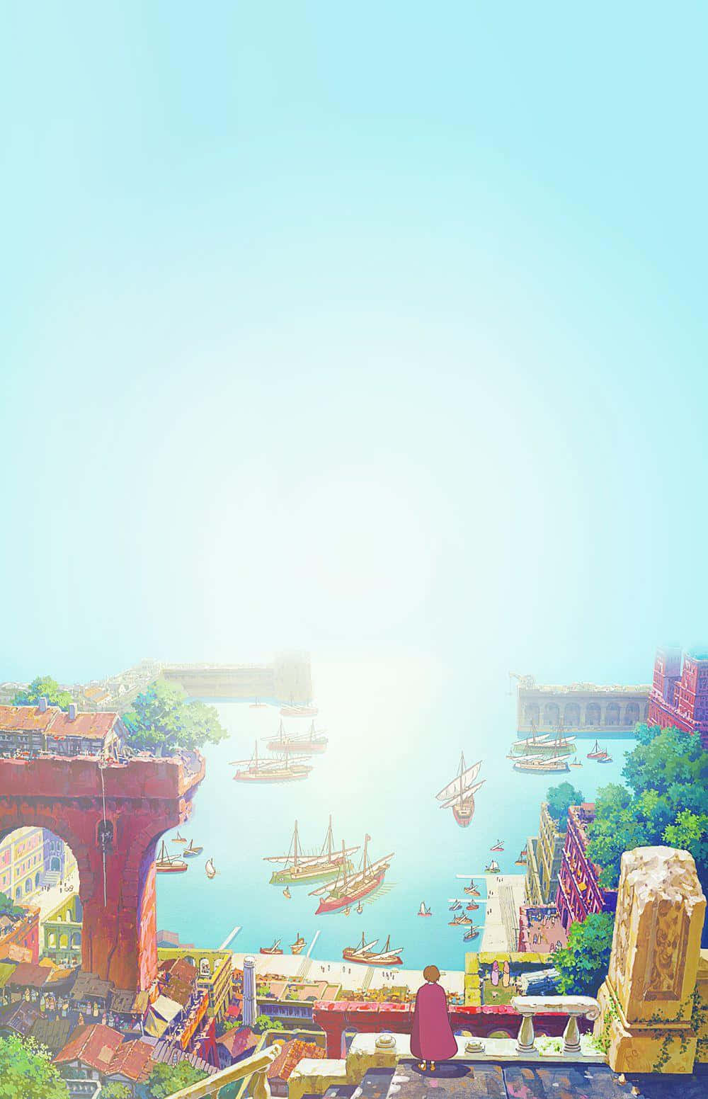 Studio Ghibli Phone, pink robe, sunlit harbor, HD Phone Wallpaper