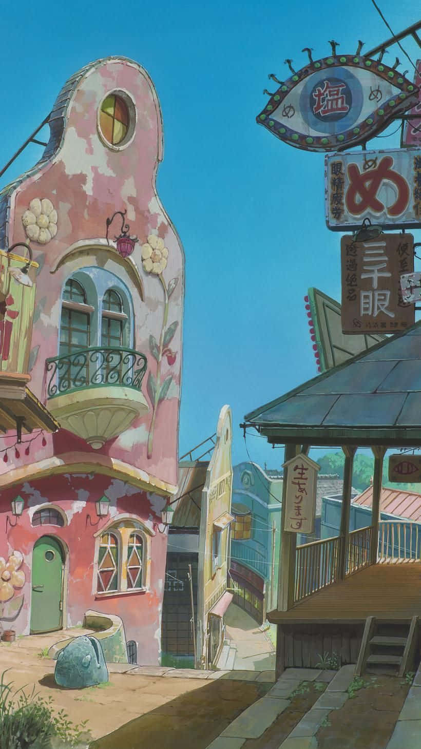 Studio Ghibli Phone, pink building, floral decorations, HD Phone Wallpaper