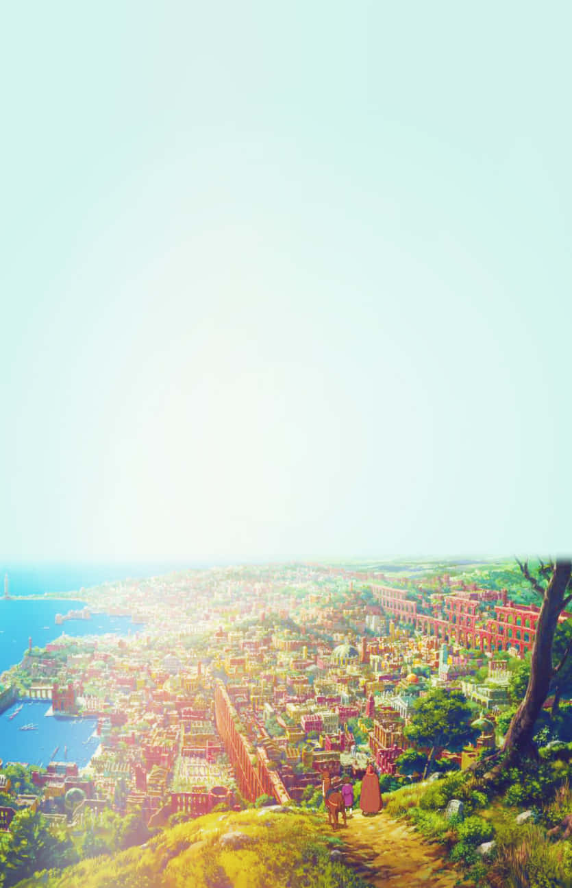 Studio Ghibli Phone, sunlit hill, coastal city, HD Phone Wallpaper