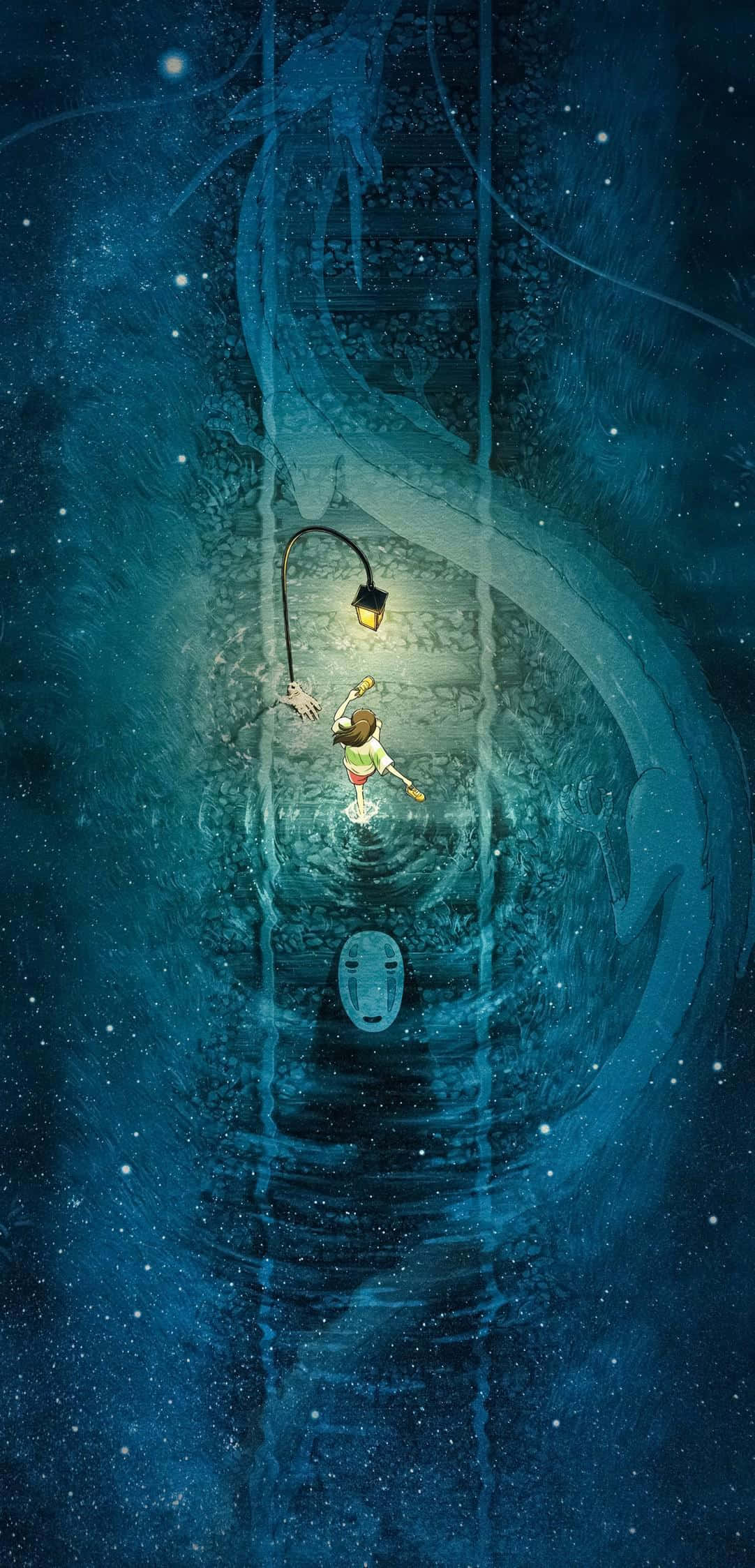 Studio Ghibli Phone, lone figure, lantern, Full HD Phone Wallpaper