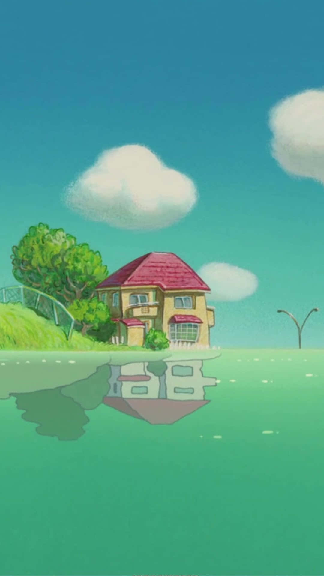 Studio Ghibli, yellow house, red roof, Full HD Phone Wallpaper