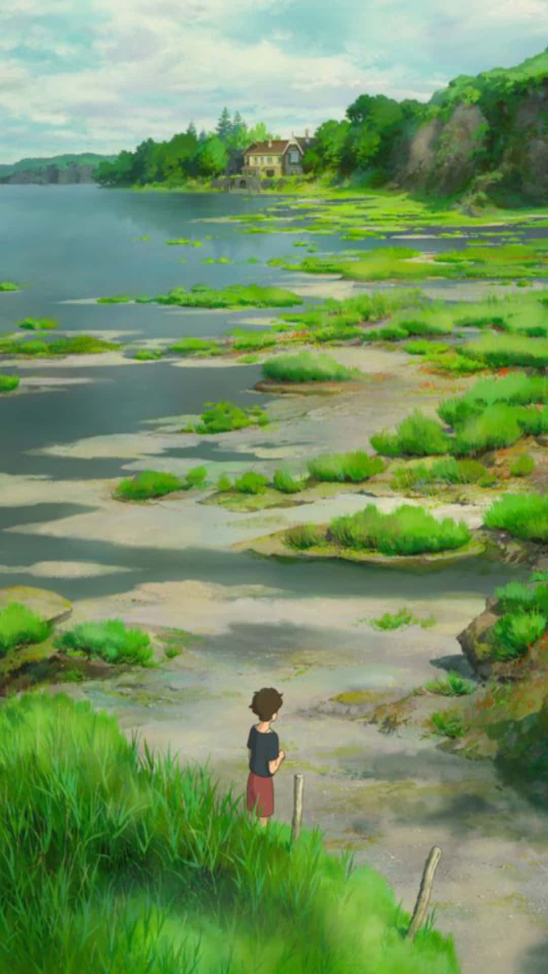 Studio Ghibli Phone, young boy, grassy bank, Full HD Phone Wallpaper
