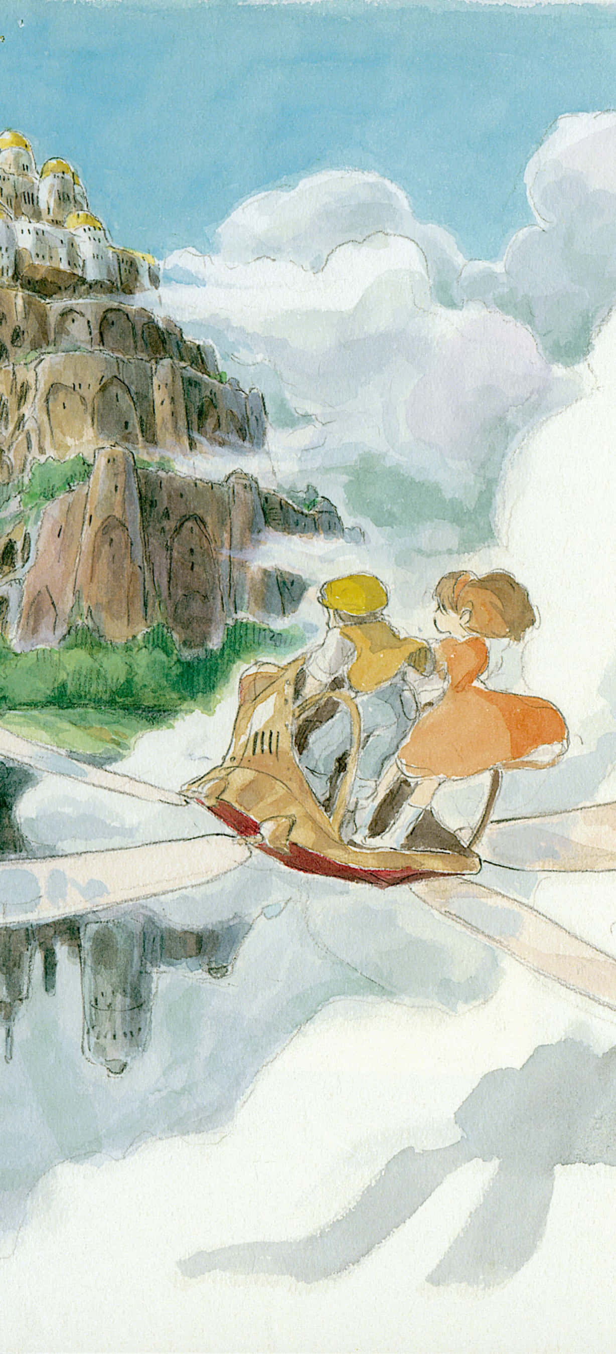 Studio Ghibli, castle perched on a cliffside, two children, 2K Phone Wallpaper