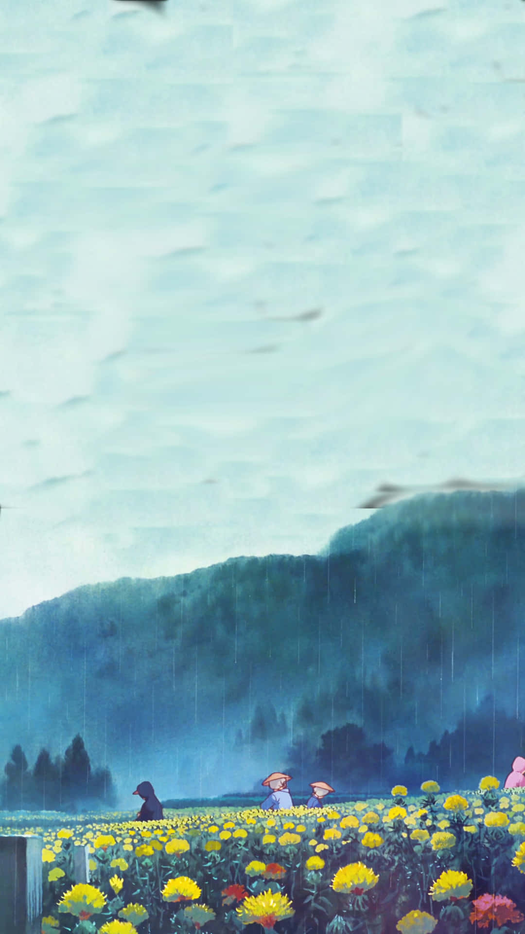 Studio Ghibli, yellow flower field, rainy sky, Full HD Phone Wallpaper