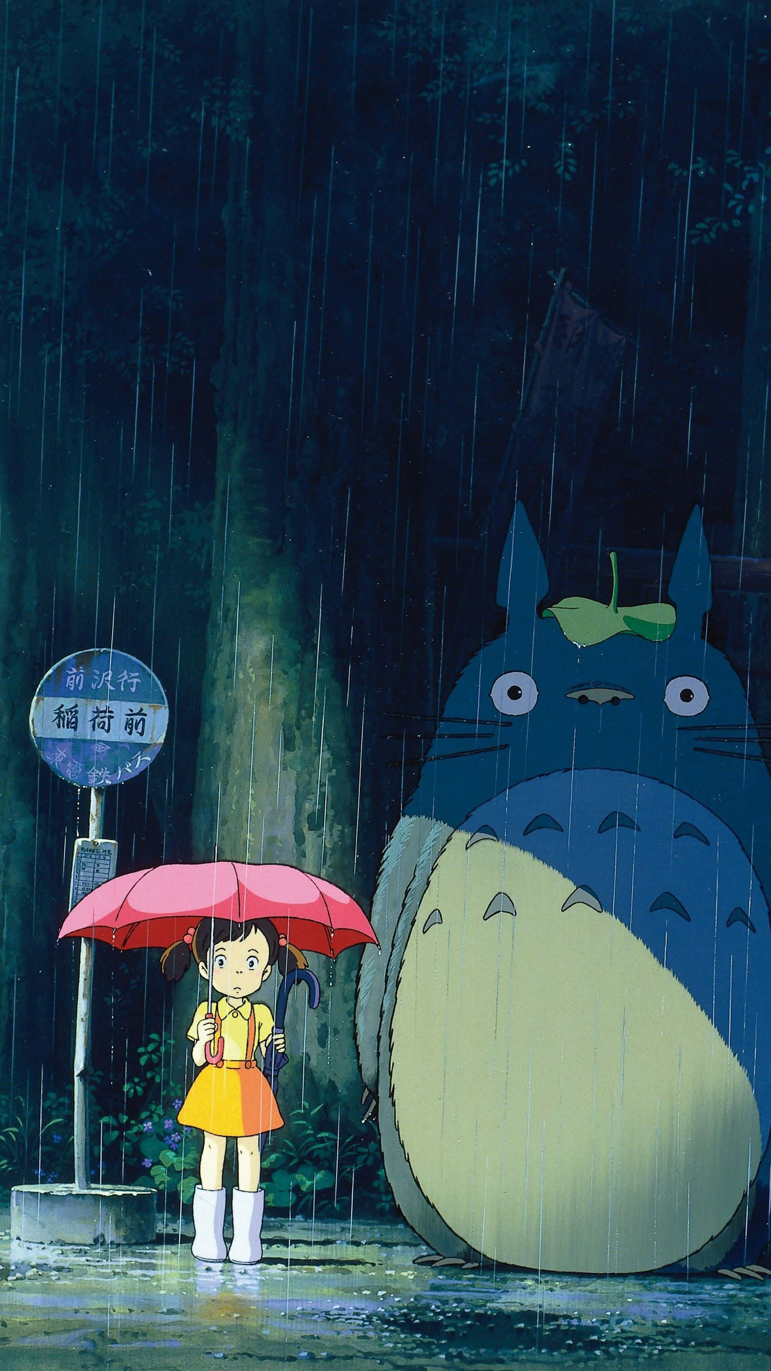 Studio Ghibli Phone, red umbrella, giant blue Totoro, 2K Phone Wallpaper