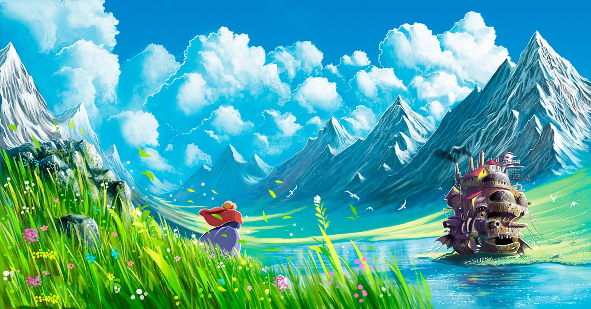 Studio Ghibli Scenery, floating house, calm lake, Full HD Desktop Wallpaper