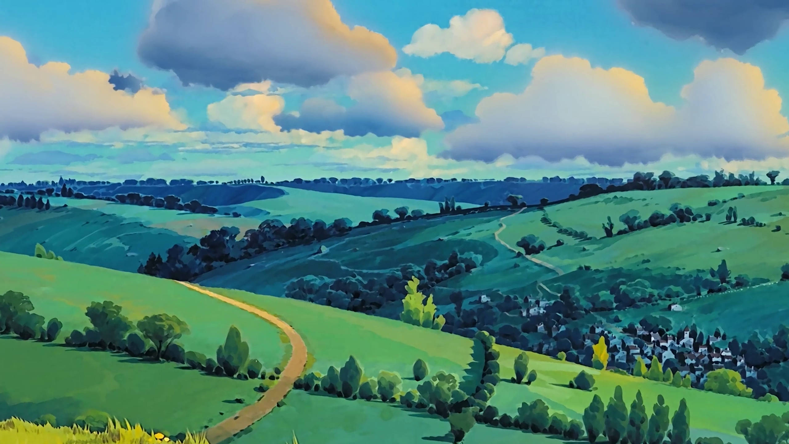 Studio Ghibli Scenery, cloudy, dirt road, 2K Desktop Wallpaper