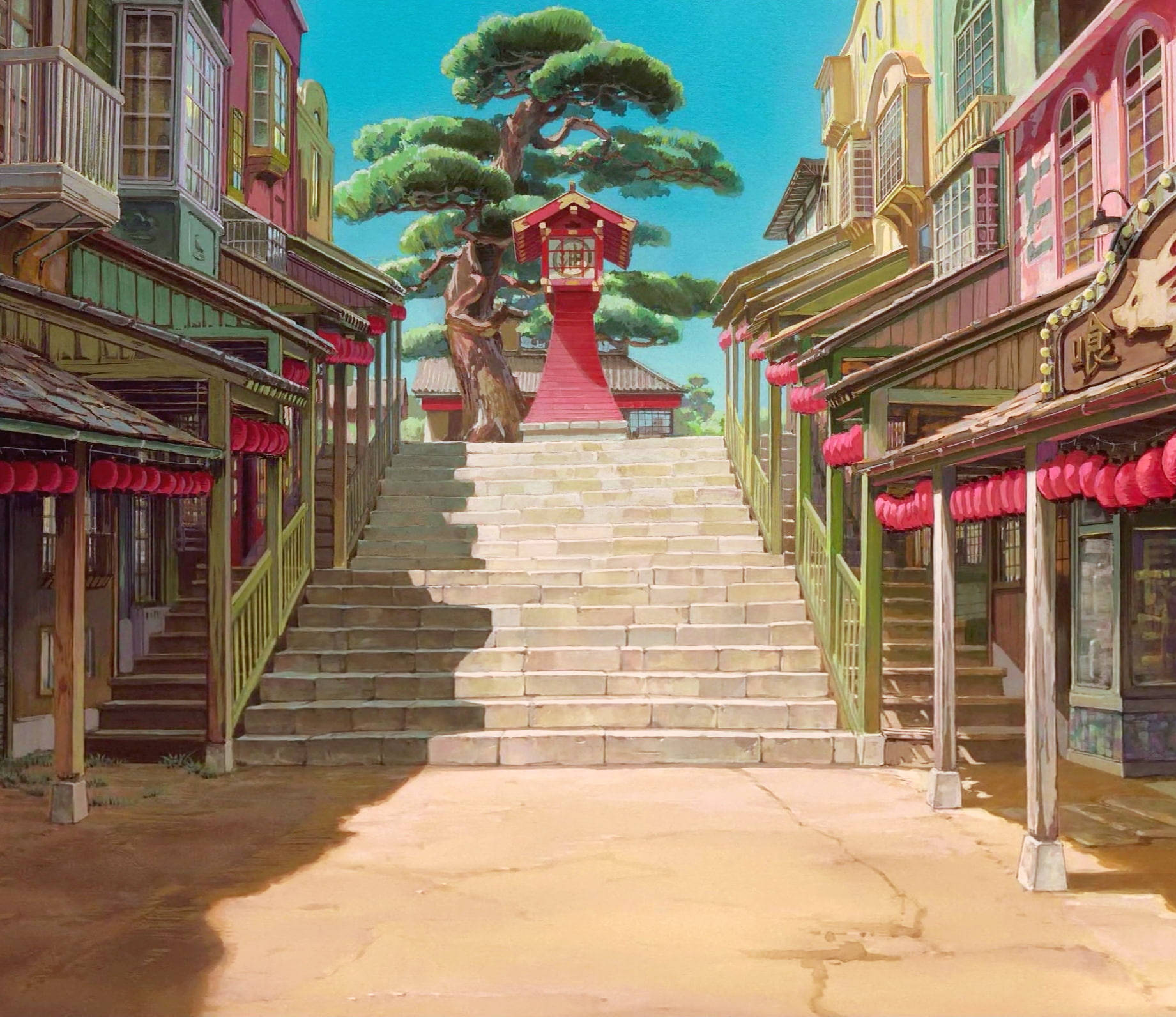 Studio Ghibli Scenery, stairs in town, red lanterns, HD Desktop Wallpaper