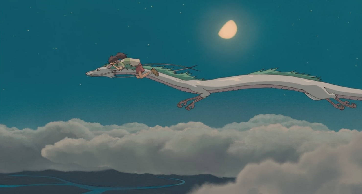 Studio Ghibli Scenery, white dragon, starry night sky, HD Desktop Wallpaper