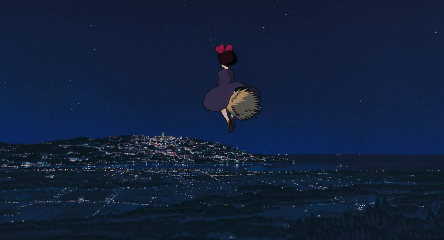 Night Sky Studio Ghibli Scenery, young girl, purple dress, HD Desktop Wallpaper