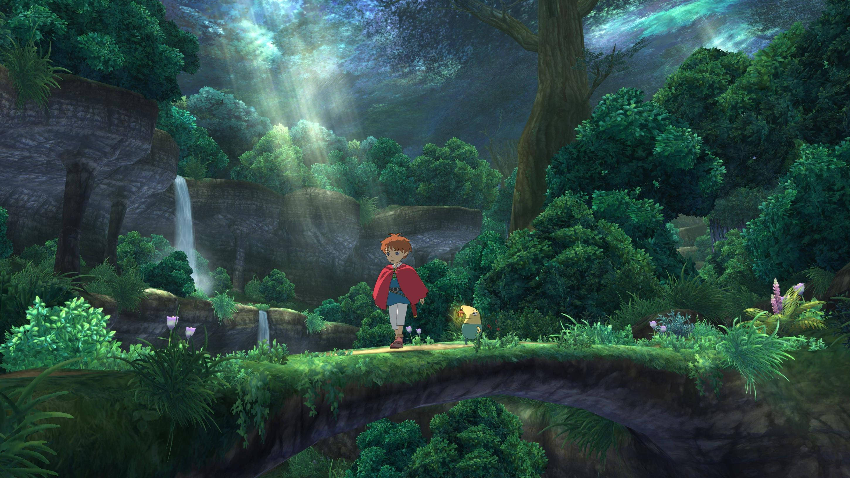 Studio Ghibli Scenery, red cloak, mossy stone bridge, 2K Desktop Wallpaper