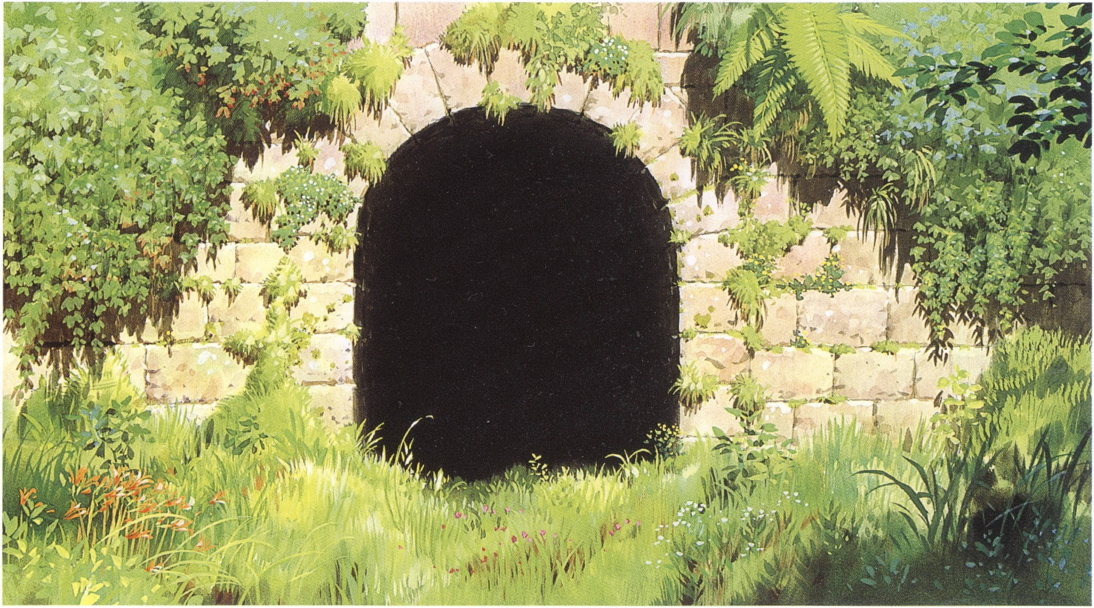 Studio Ghibli Scenery, tunnel entrance, mossy stone wall, Full HD Desktop Wallpaper