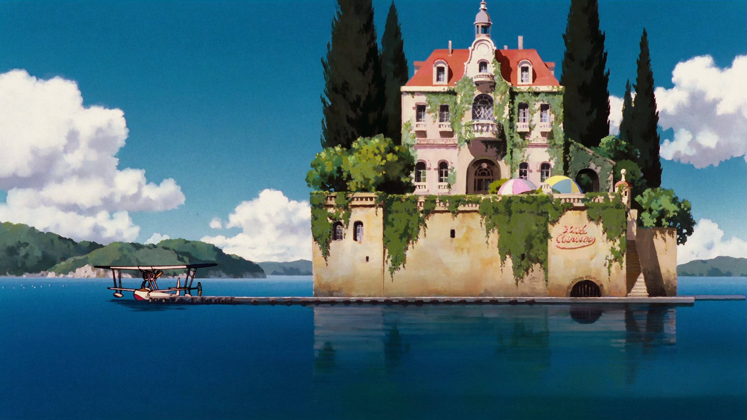 Studio Ghibli Scenery, seaplane, European-style villa, 2K Desktop Wallpaper