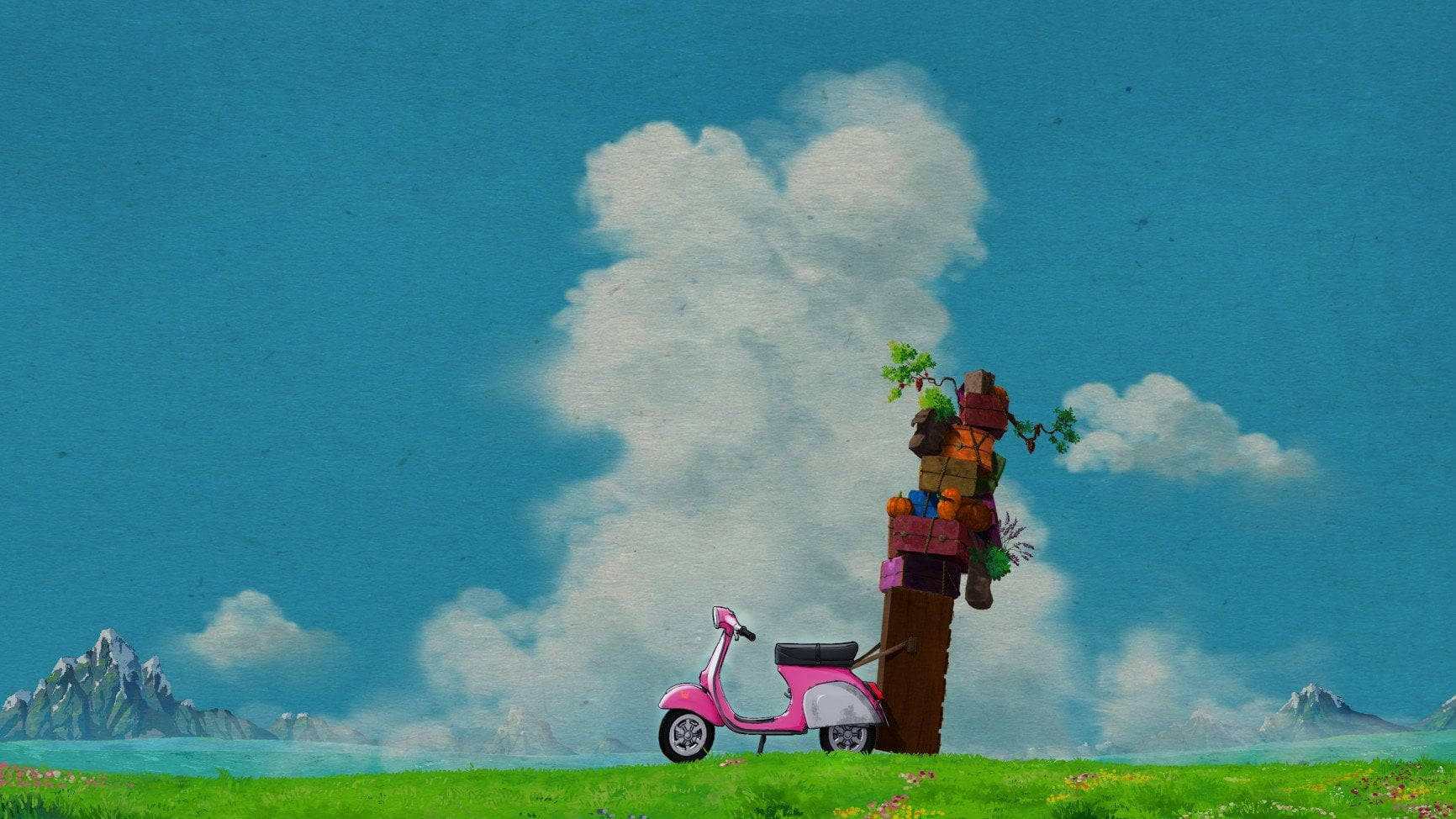 pink scooter, tree, colorful boxes, HD Desktop Wallpaper