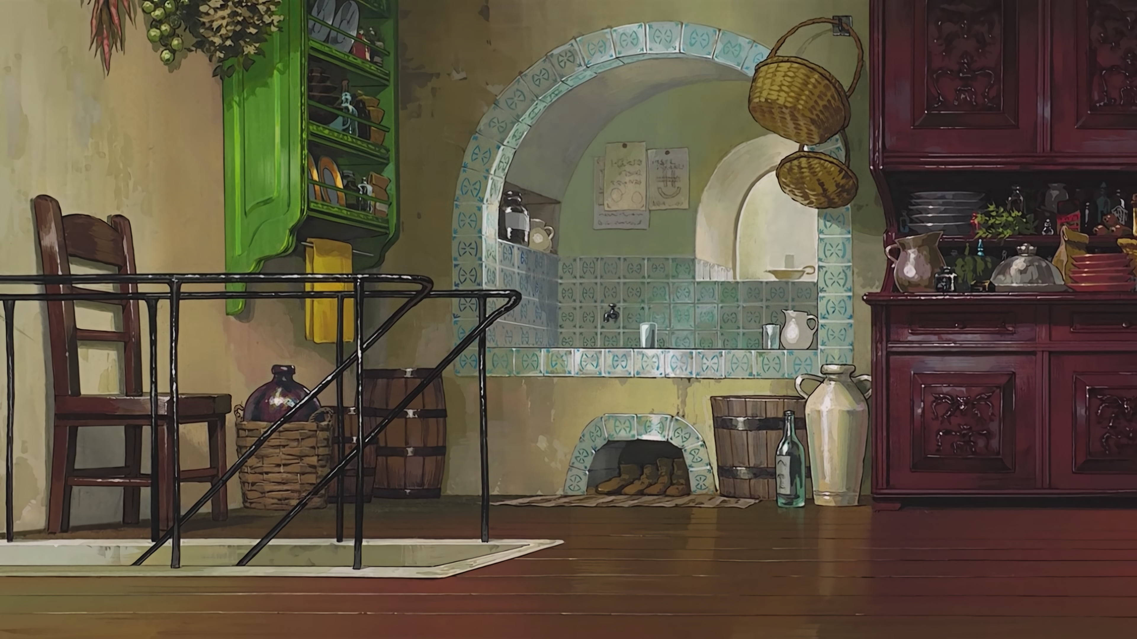 Studio Ghibli Scenery, old cupboards, rustic kitchen, 4K Desktop Wallpaper