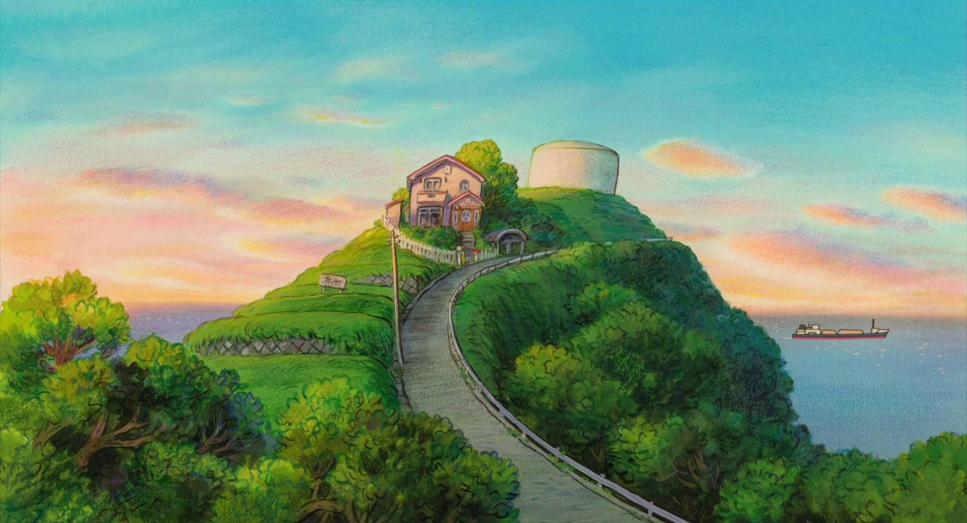 Studio Ghibli Scenery, house on hill, lush green hill, Full HD Desktop Wallpaper