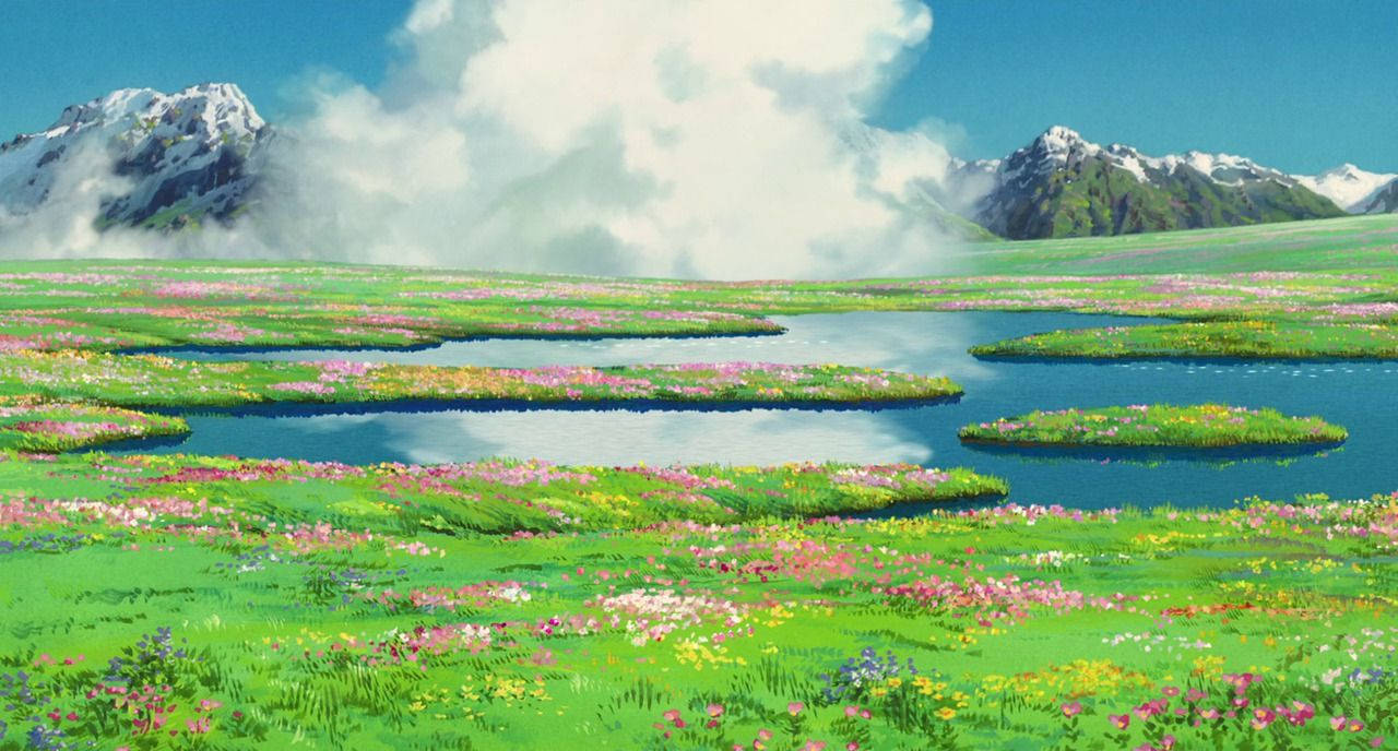 Studio Ghibli Scenery, flower field, vibrant animated valley, HD Desktop Wallpaper