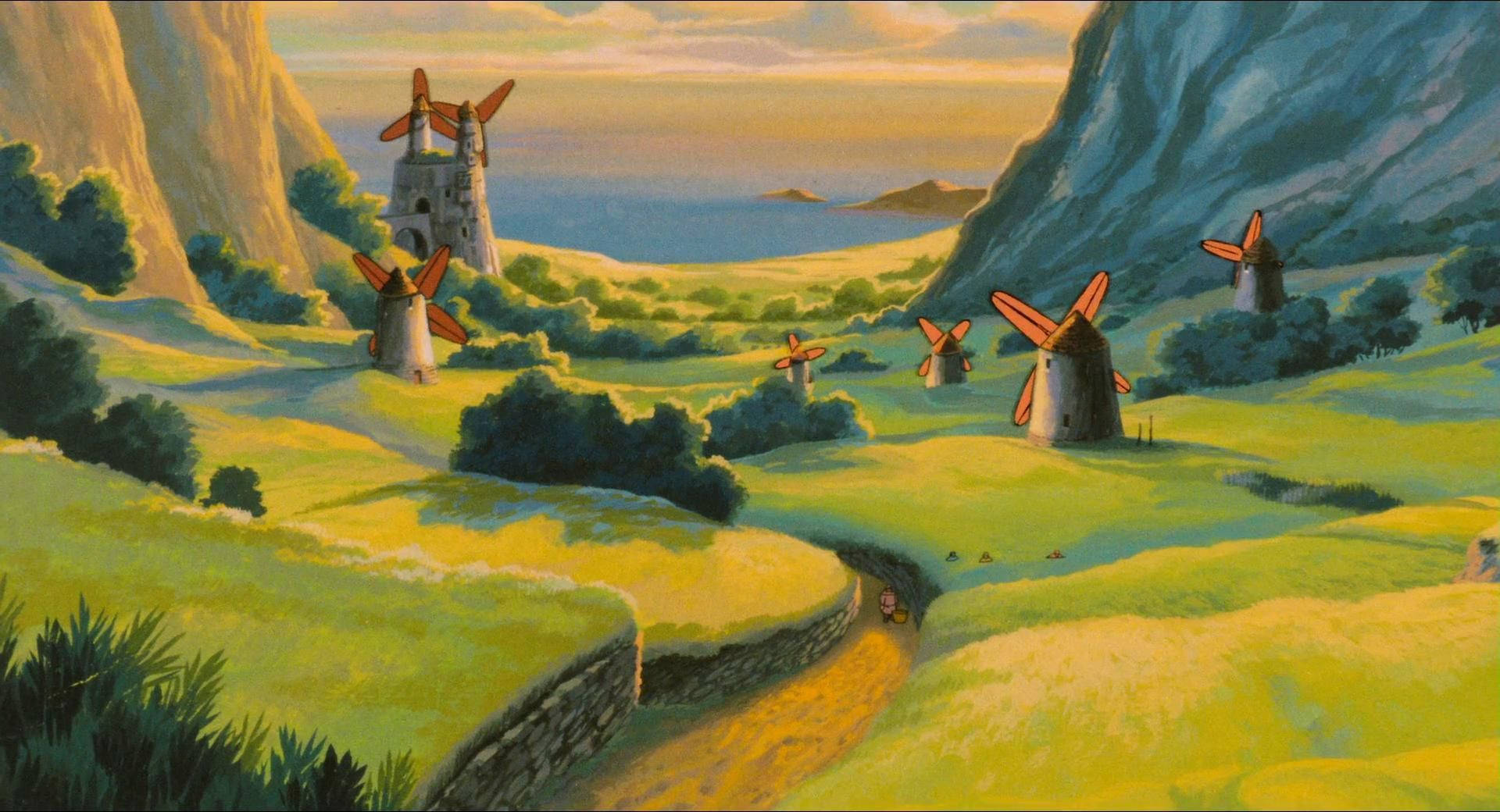 Studio Ghibli Scenery, windmills, sunlit green hills, Full HD Desktop Wallpaper