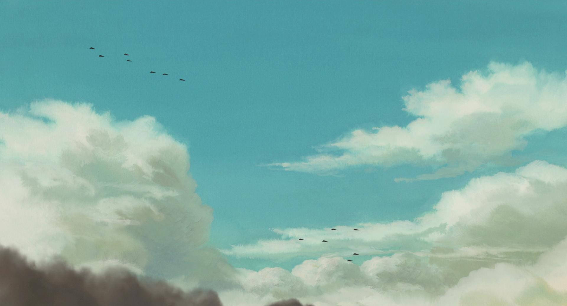 Studio Ghibli Scenery, teal sky, soft white clouds, Full HD Desktop Wallpaper