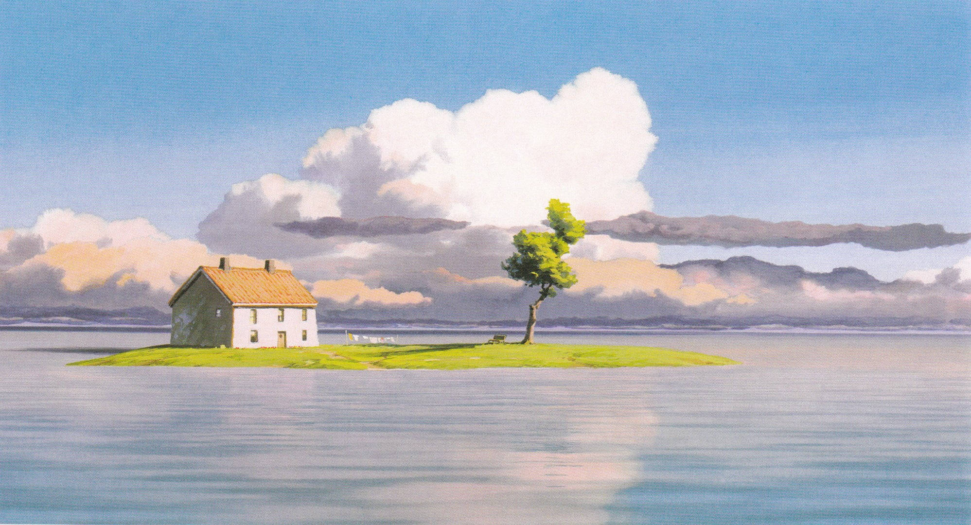 Studio Ghibli Scenery, white house, brown roof, Full HD Desktop Wallpaper