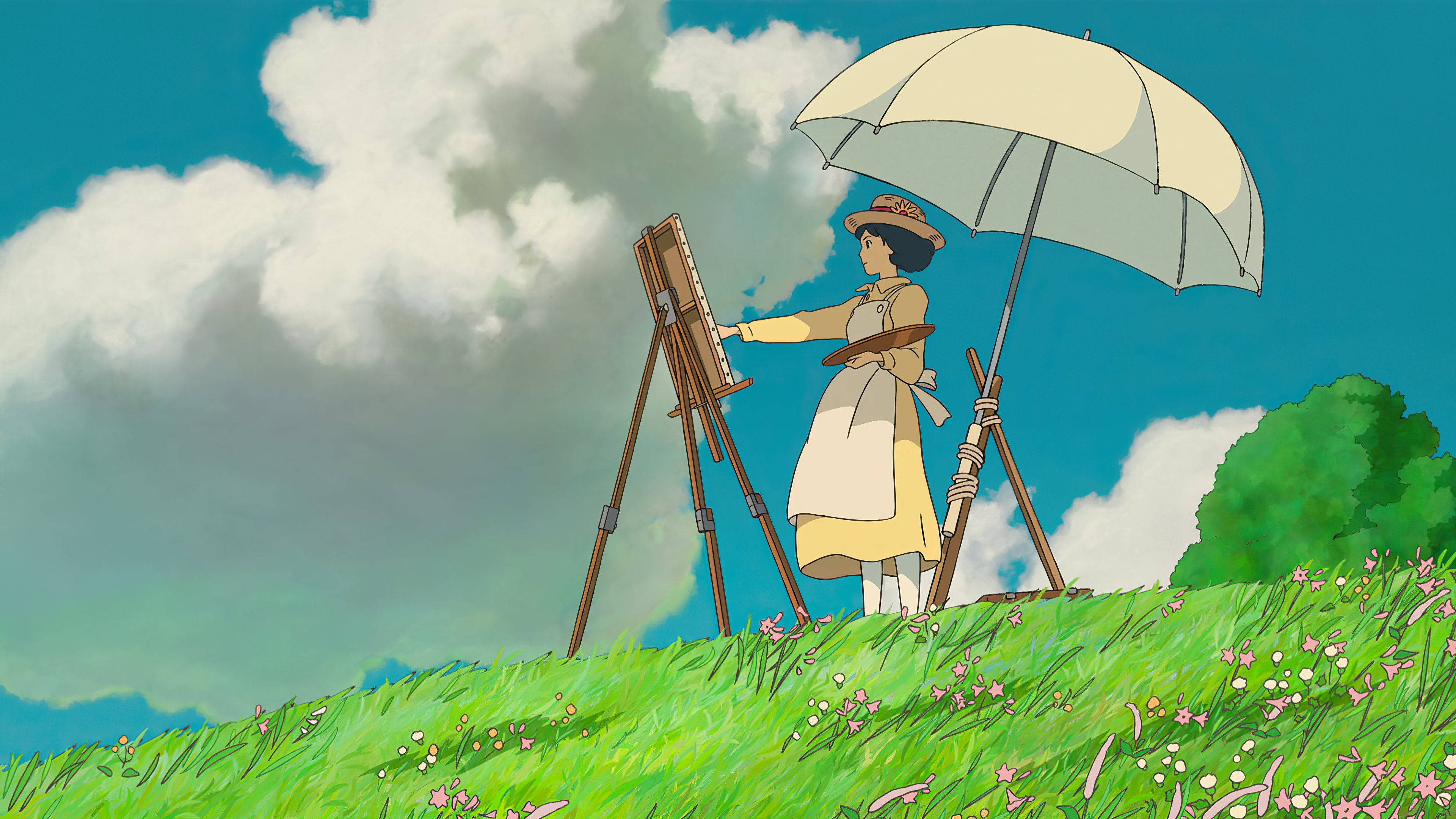 Studio Ghibli Scenery, woman in a hat, parasol, 4K Desktop Wallpaper