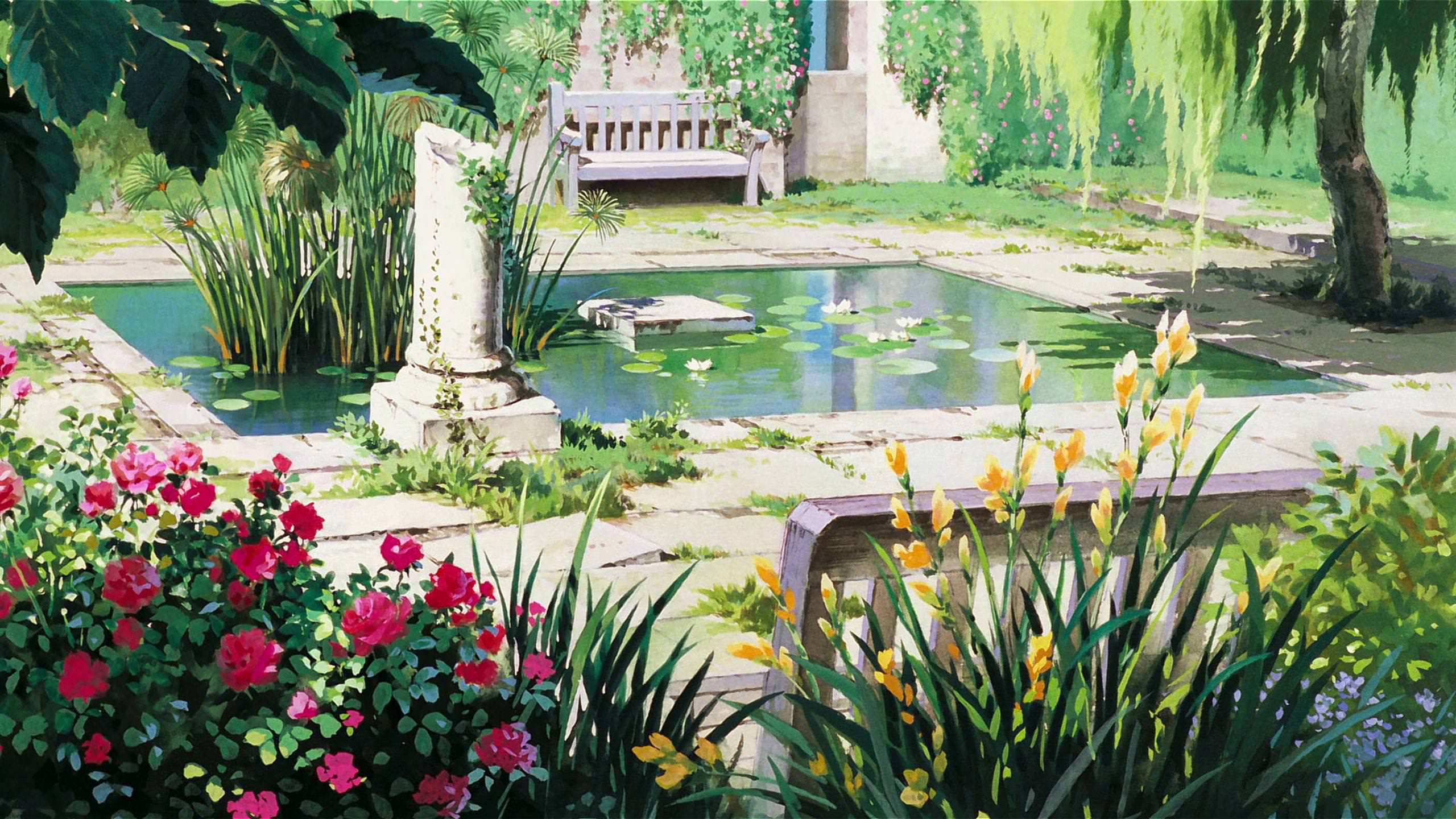 Studio Ghibli Scenery, broken pillar, pond, 2K Desktop Wallpaper