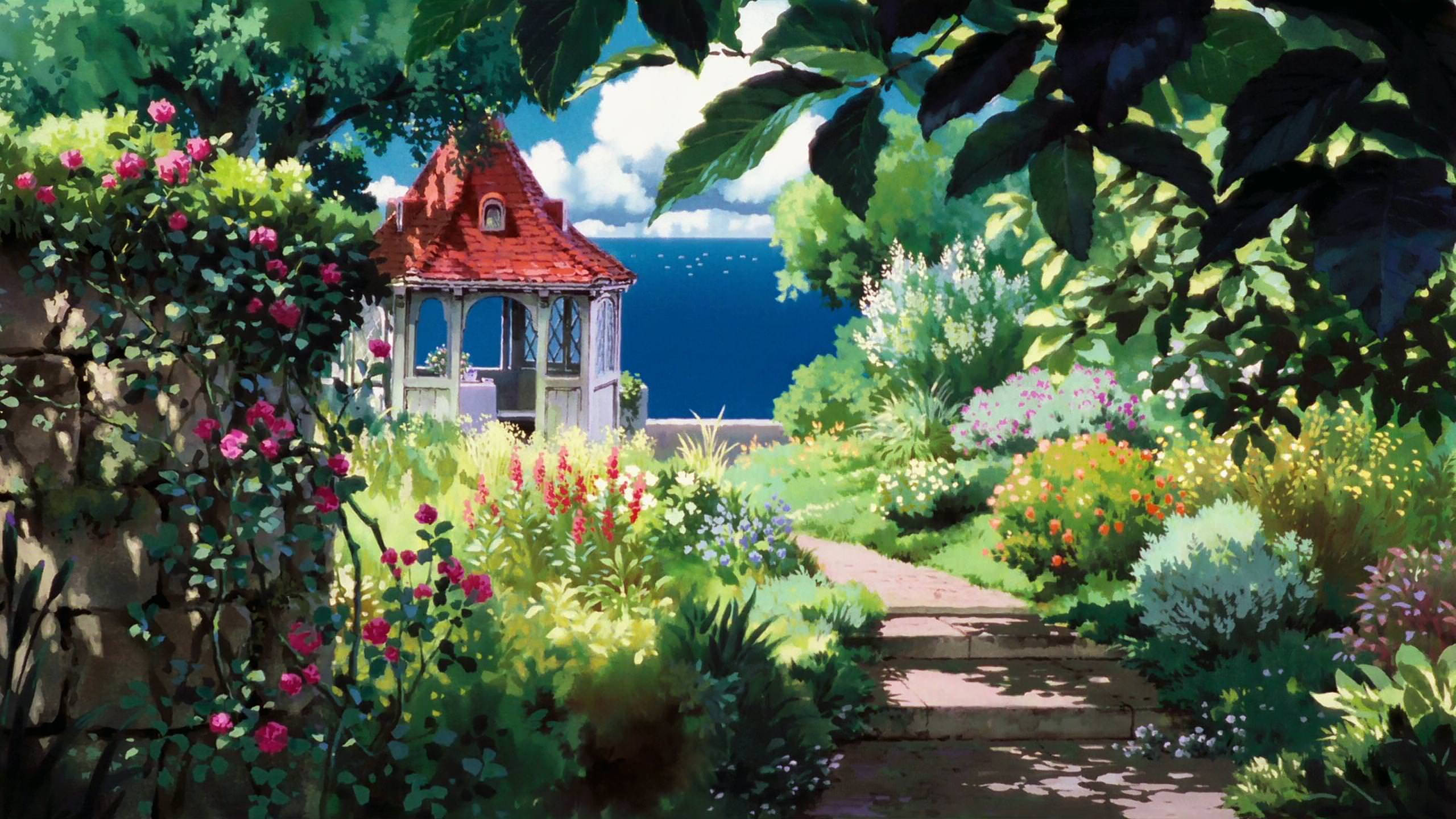 Studio Ghibli Scenery, gazebo, red-roofed, 2K Desktop Wallpaper