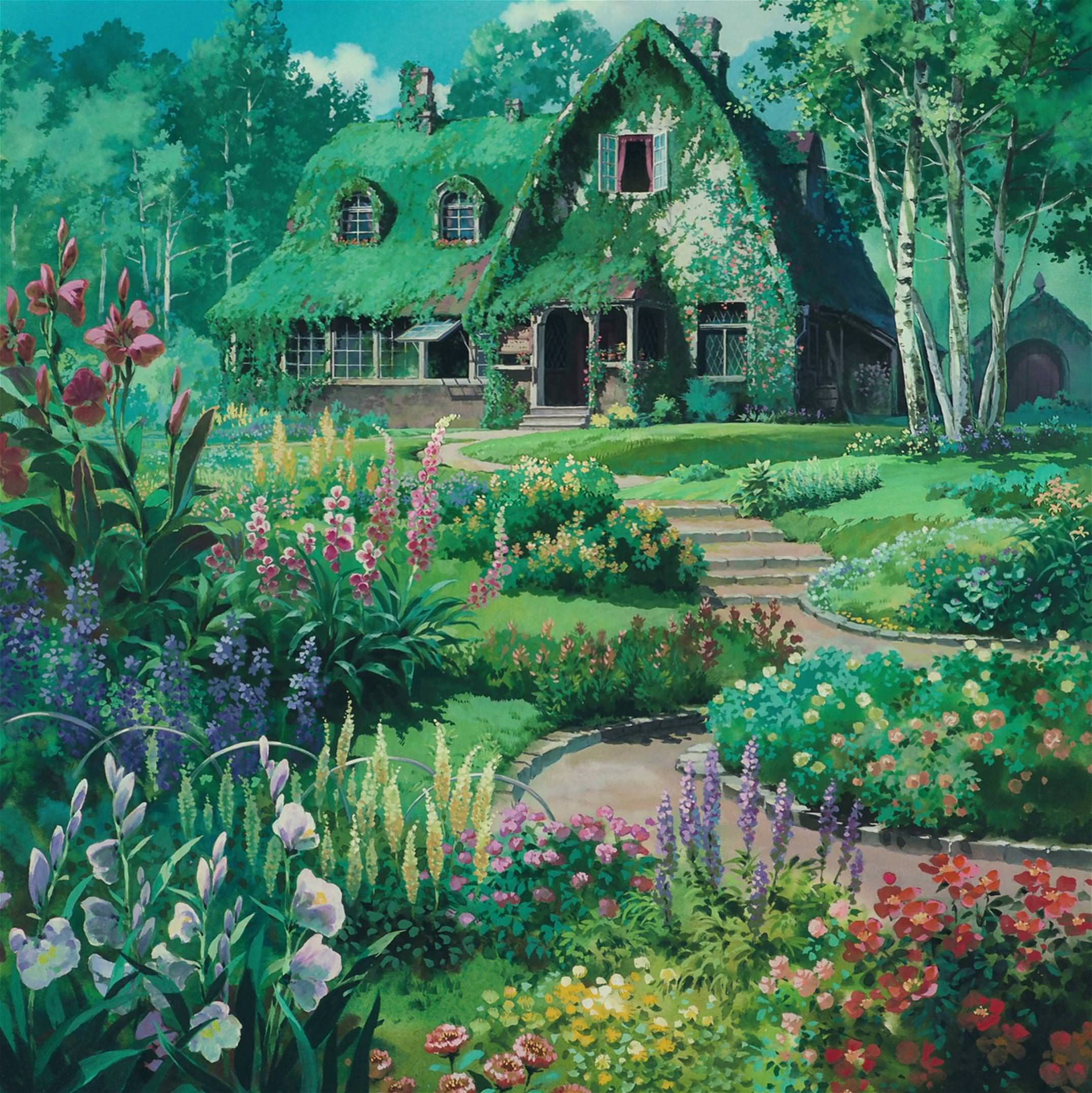 Studio Ghibli Scenery, house, garden, Full HD Phone Wallpaper