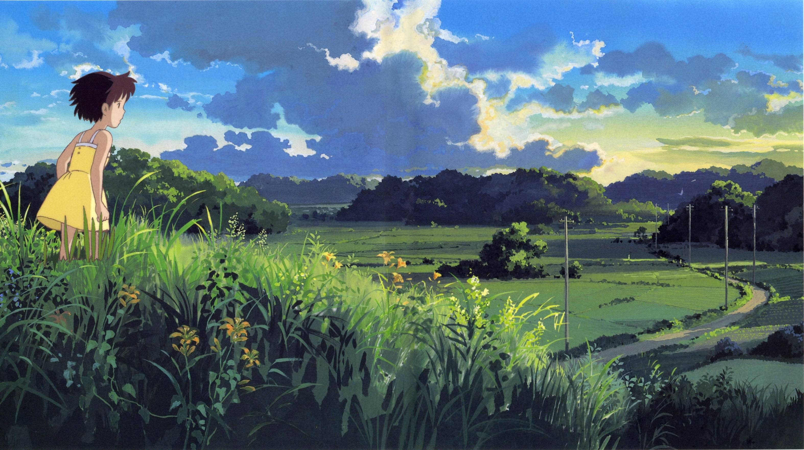 Studio Ghibli Scenery, girl in a yellow dress, grassy hill, 2K Desktop Wallpaper