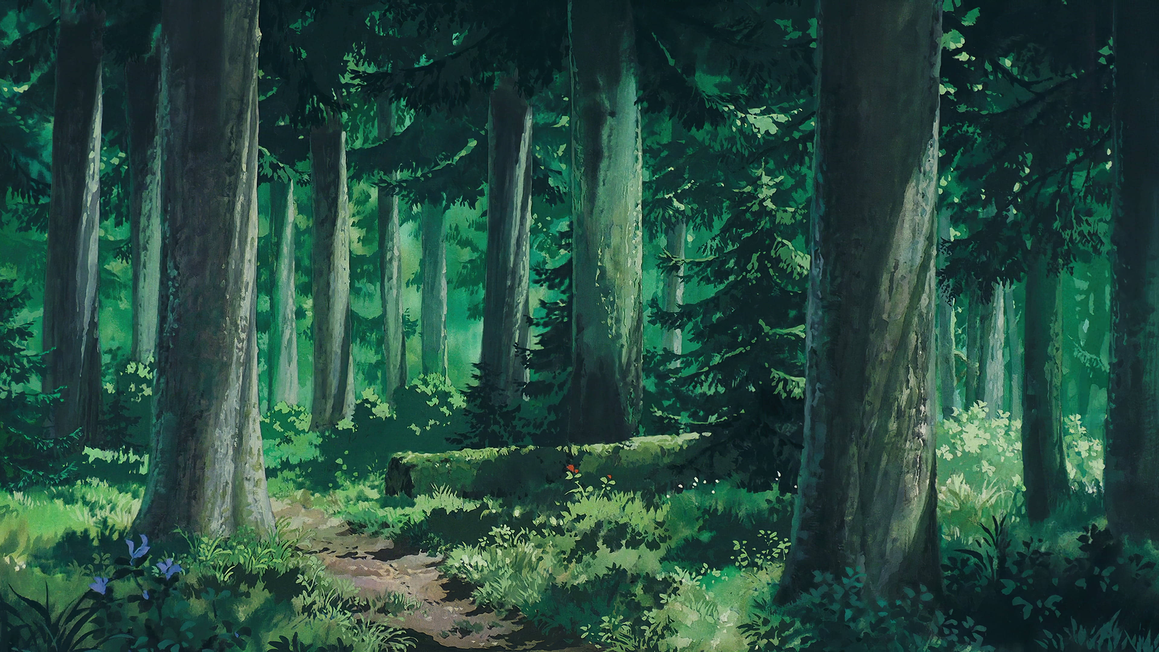 Studio Ghibli Scenery, forest path, towering green trees, 4K Desktop Wallpaper