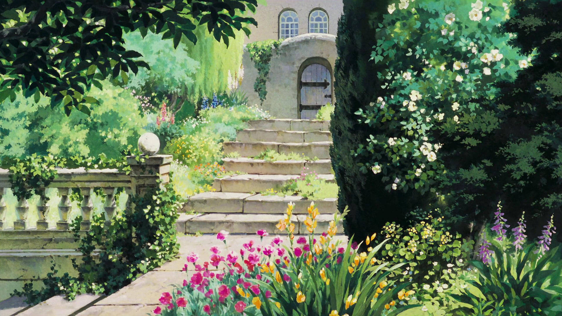 Studio Ghibli Scenery, garden path, stone steps, Full HD Desktop Wallpaper