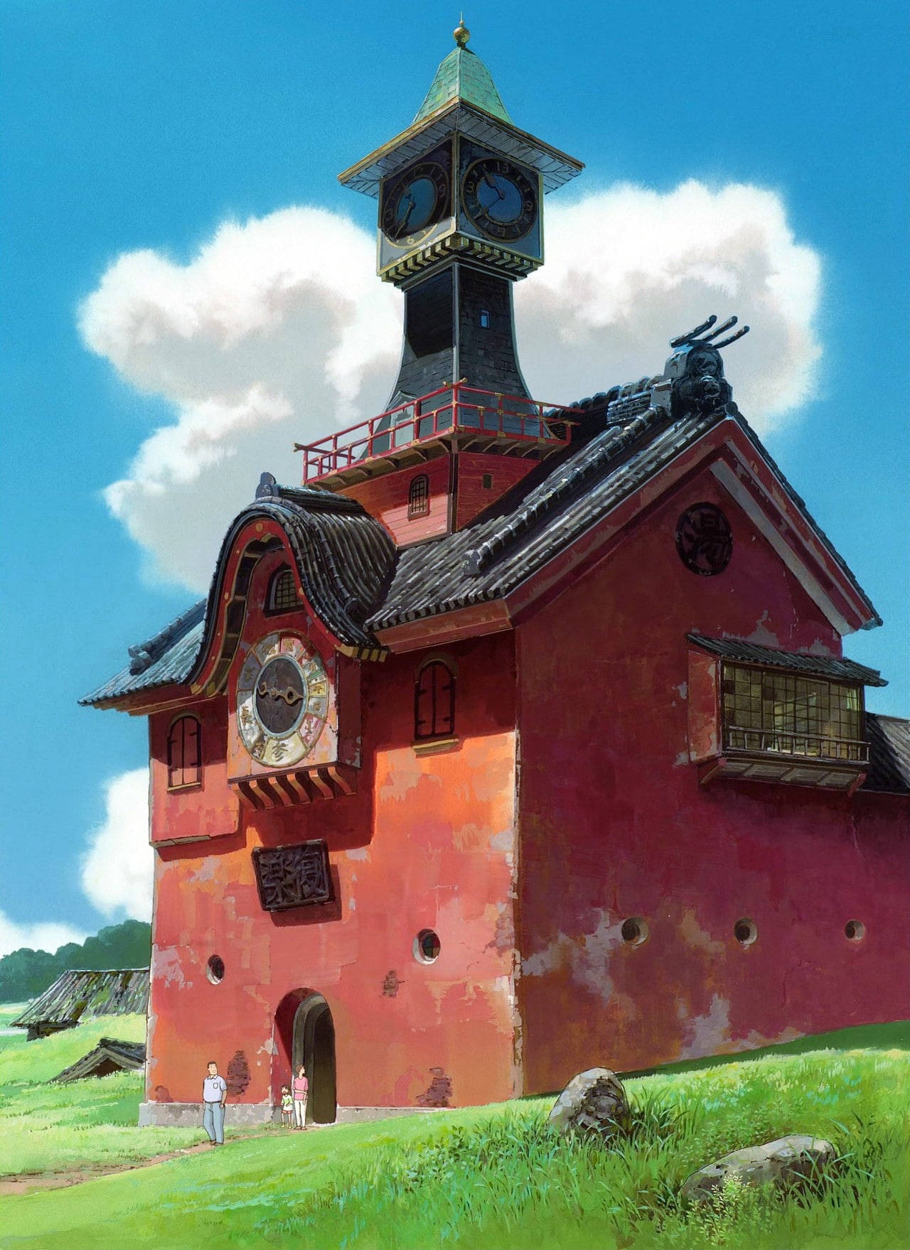 Studio Ghibli Scenery, large red structure, red clock tower house, HD Phone Wallpaper