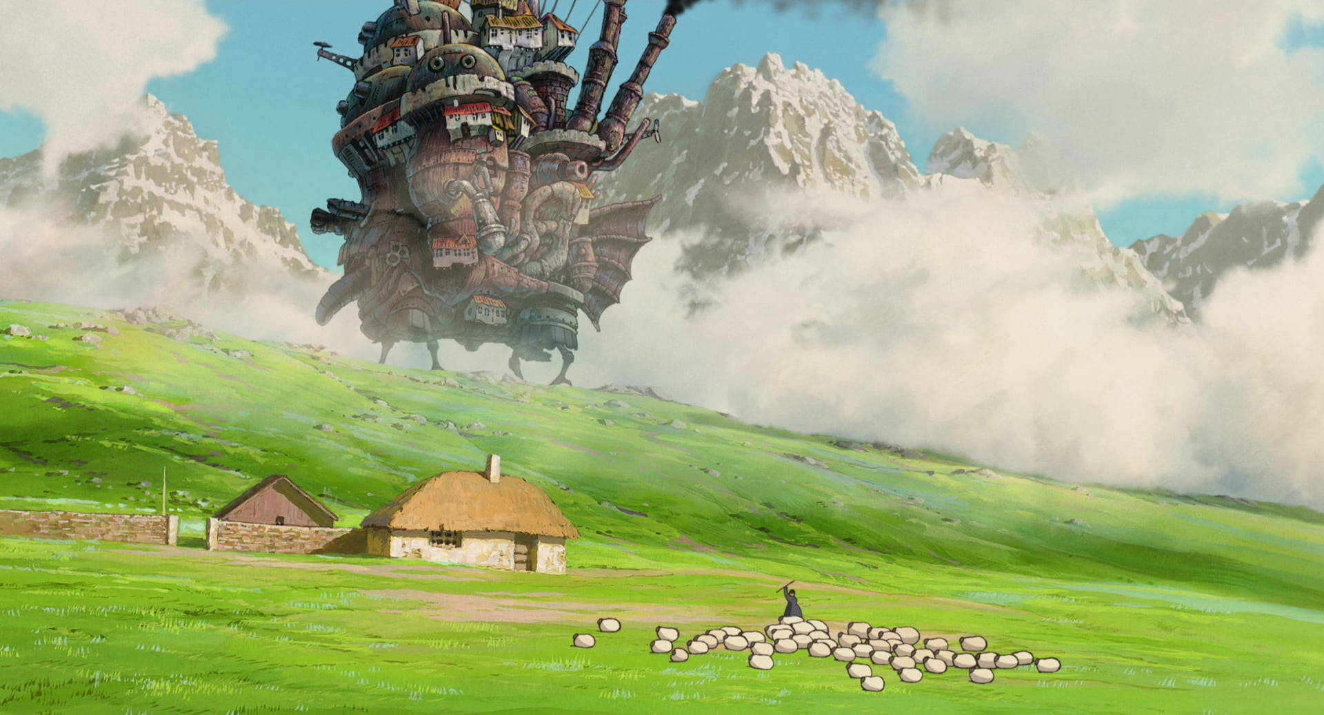 Studio Ghibli Scenery, sheep, farm, Full HD Desktop Wallpaper