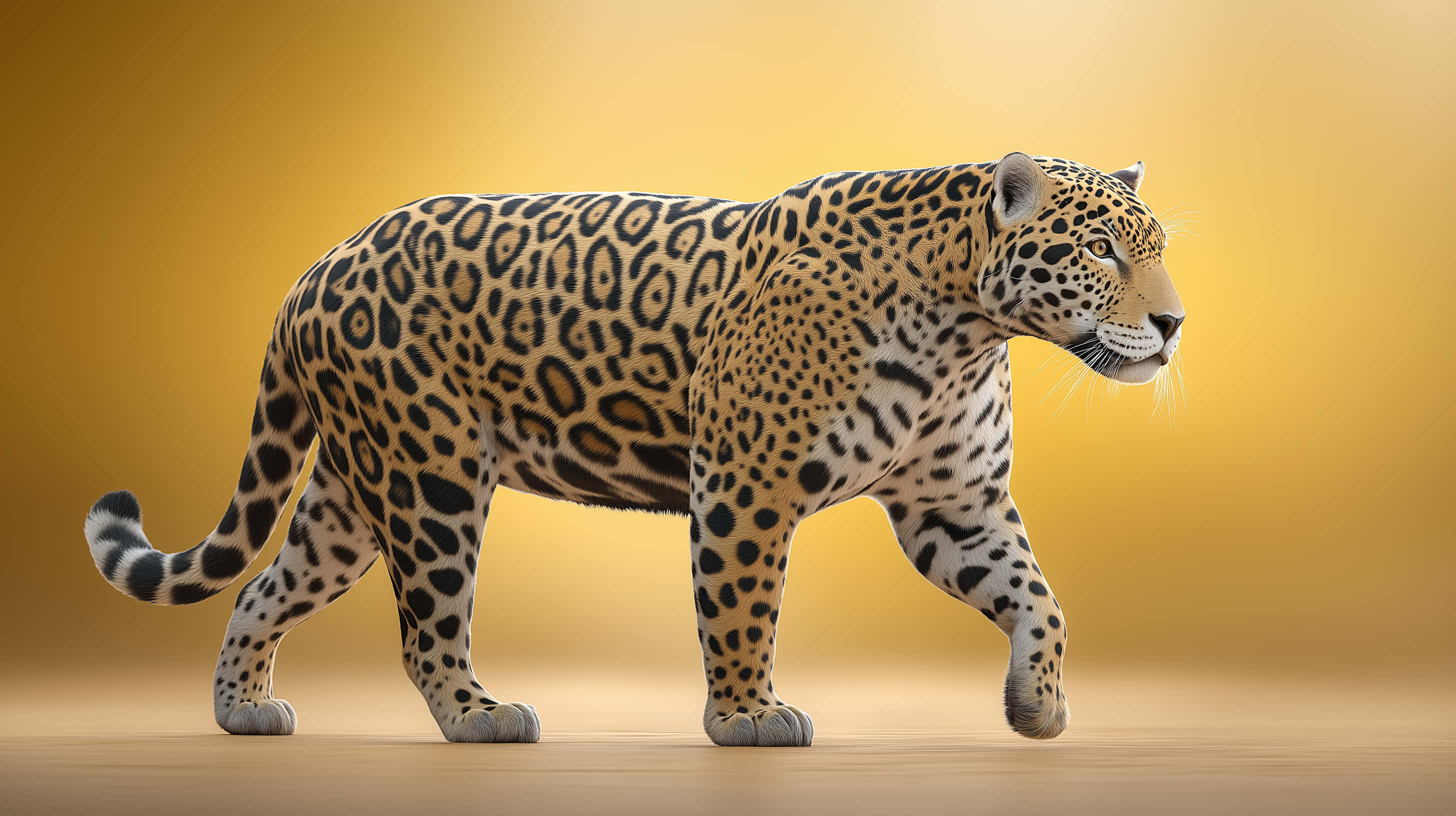 majestic jaguar, smooth wooden floor, warm golden gradient backdrop, 2K Desktop Wallpaper