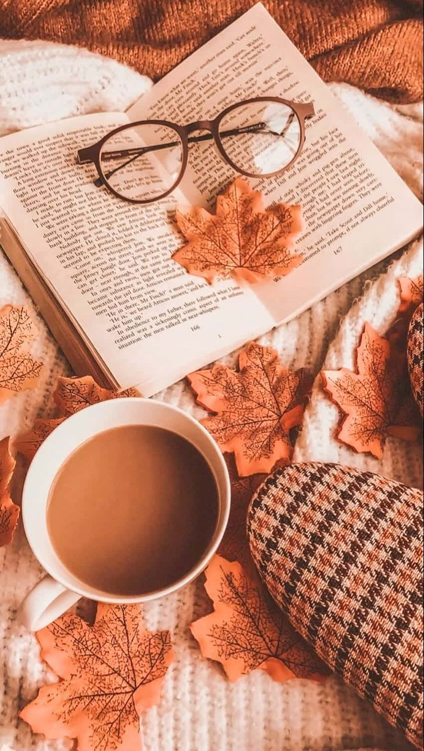 autumn scene, cup of coffee, open book, HD Phone Wallpaper