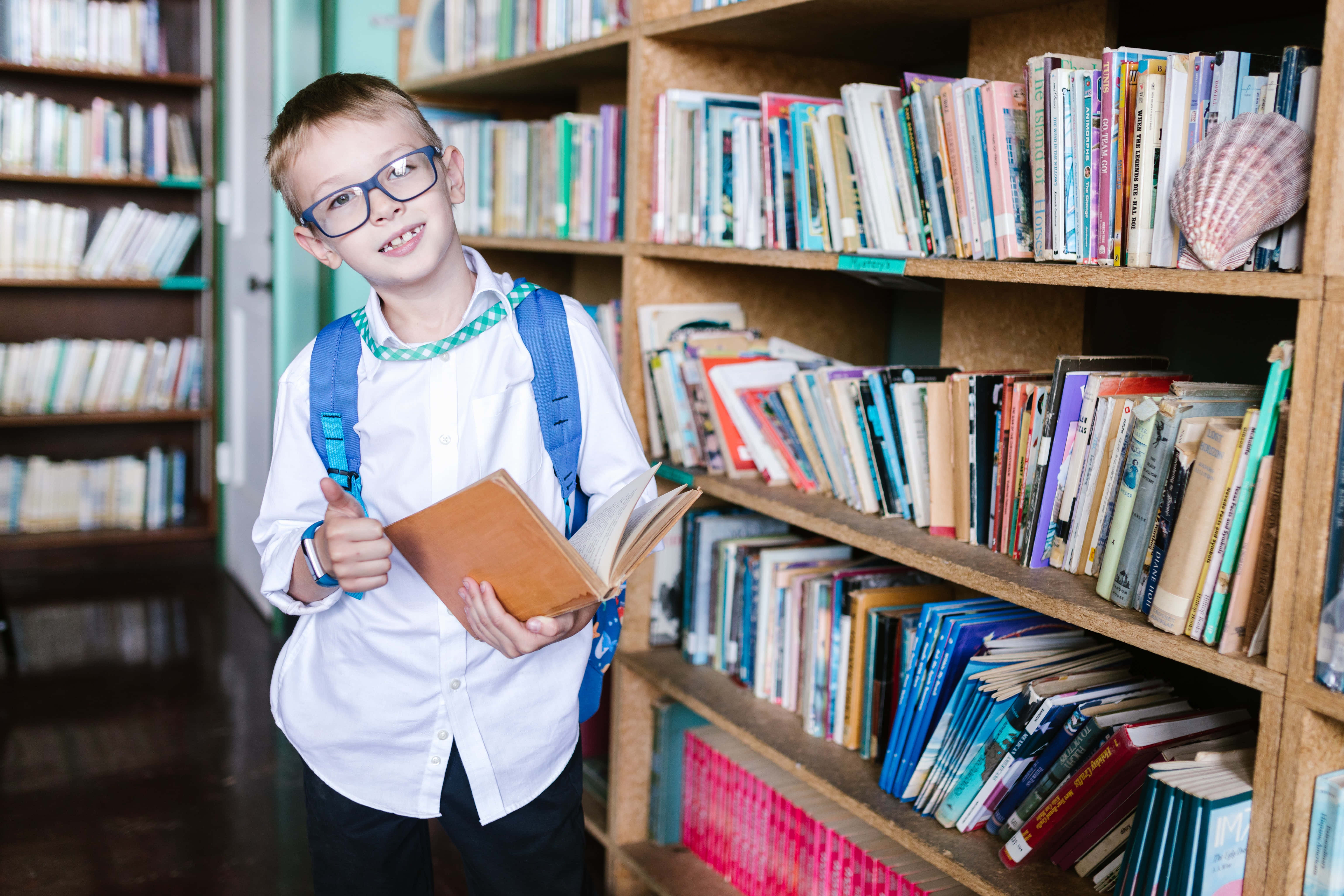 Studious Boy, library, wooden shelves, 5K Desktop Wallpaper