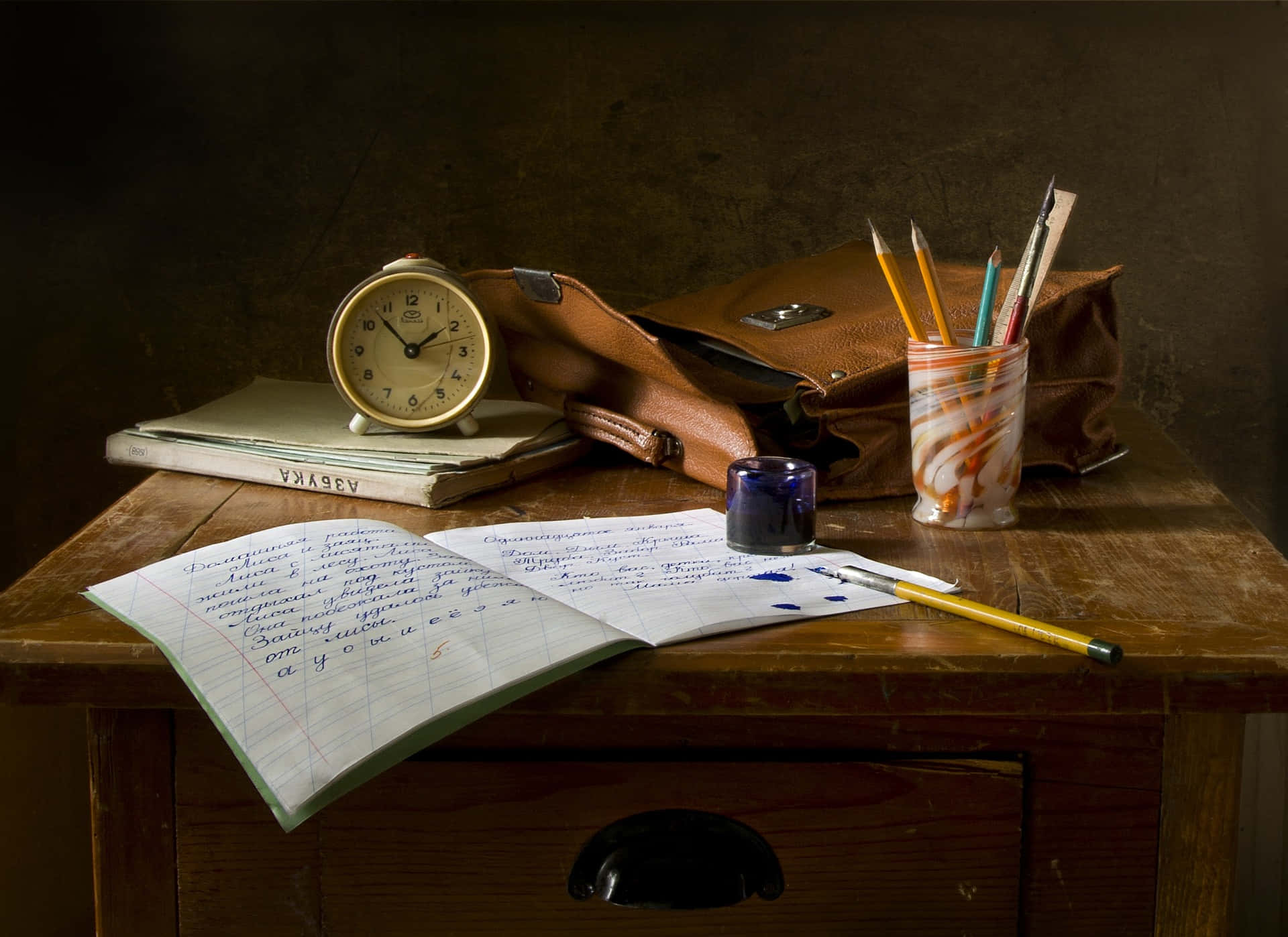 vintage wooden desk, brass alarm clock, leather satchel, Full HD Desktop Wallpaper
