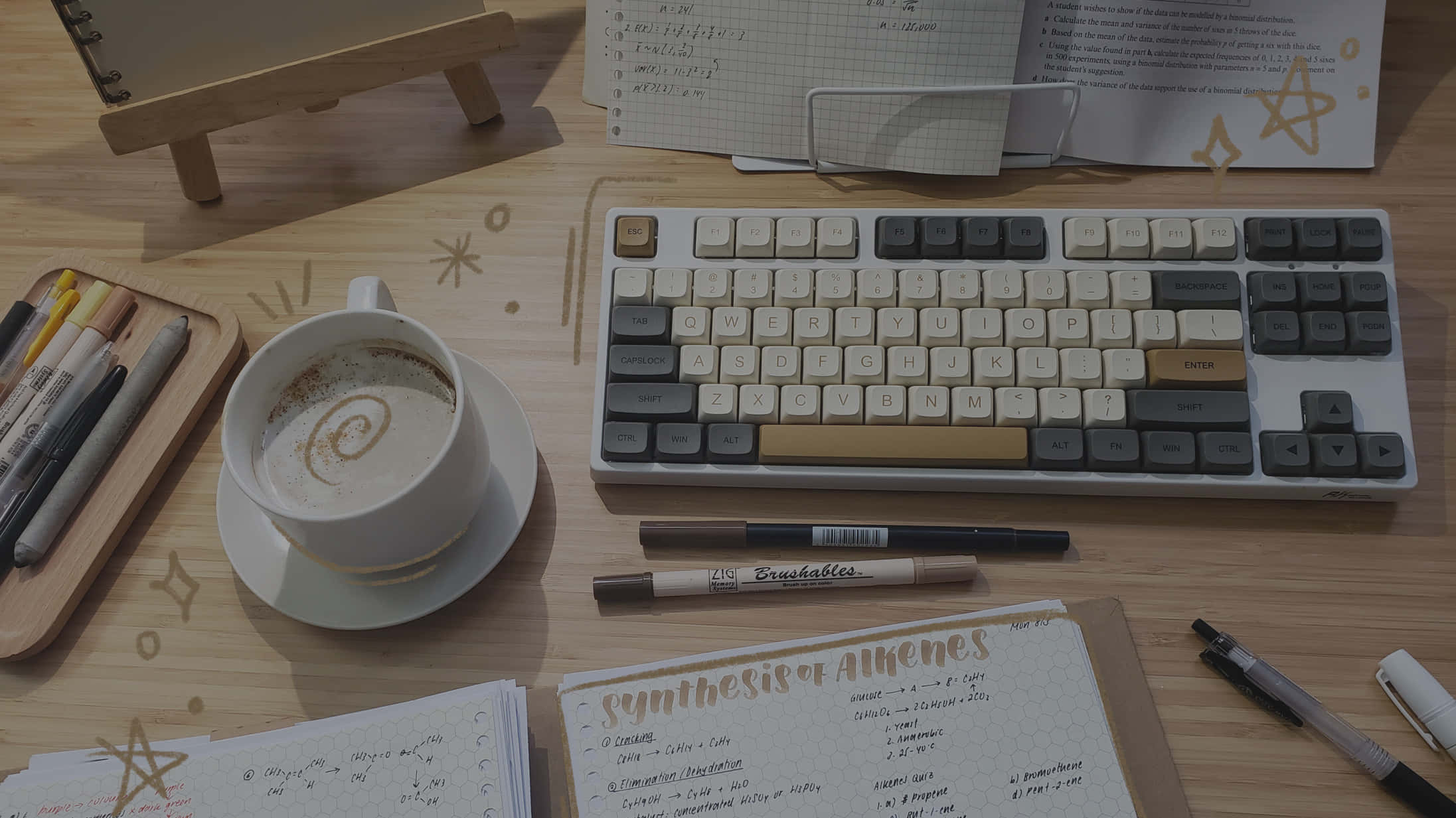 wooden desk, coffee cup, keyboard, Full HD Desktop Wallpaper