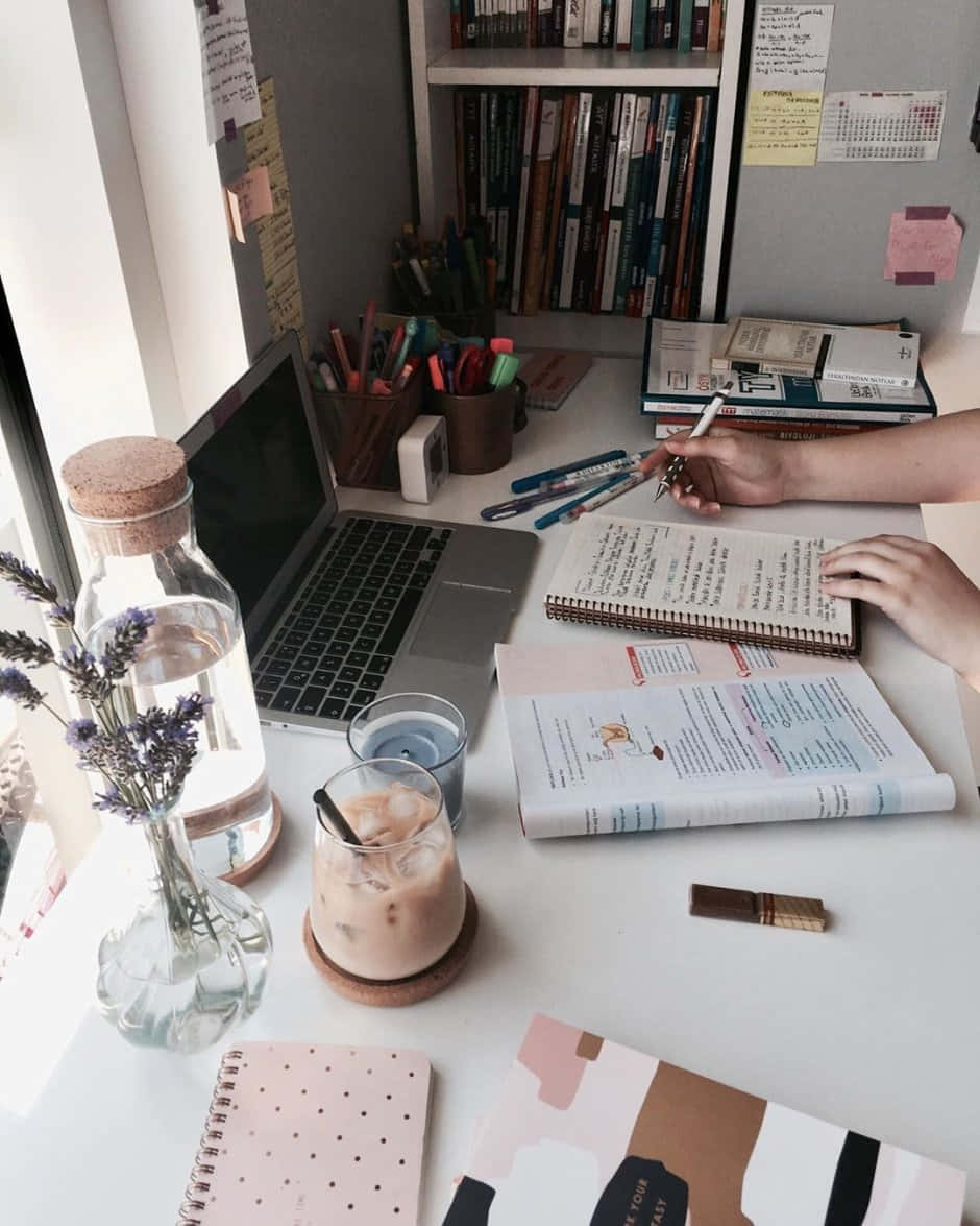 Studious, laptop, notebooks, SD Phone Wallpaper