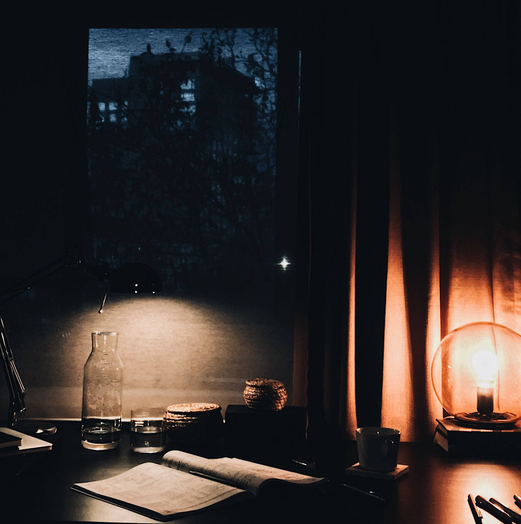 Shadowy Study Aesthetic Desk, glowing lamp, warm light, Full HD Phone Wallpaper