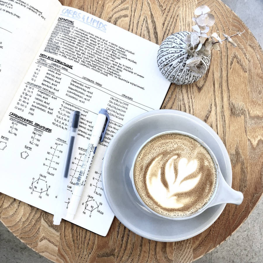 latte art, study aesthetic desk, chemistry notebook, SD Desktop Wallpaper