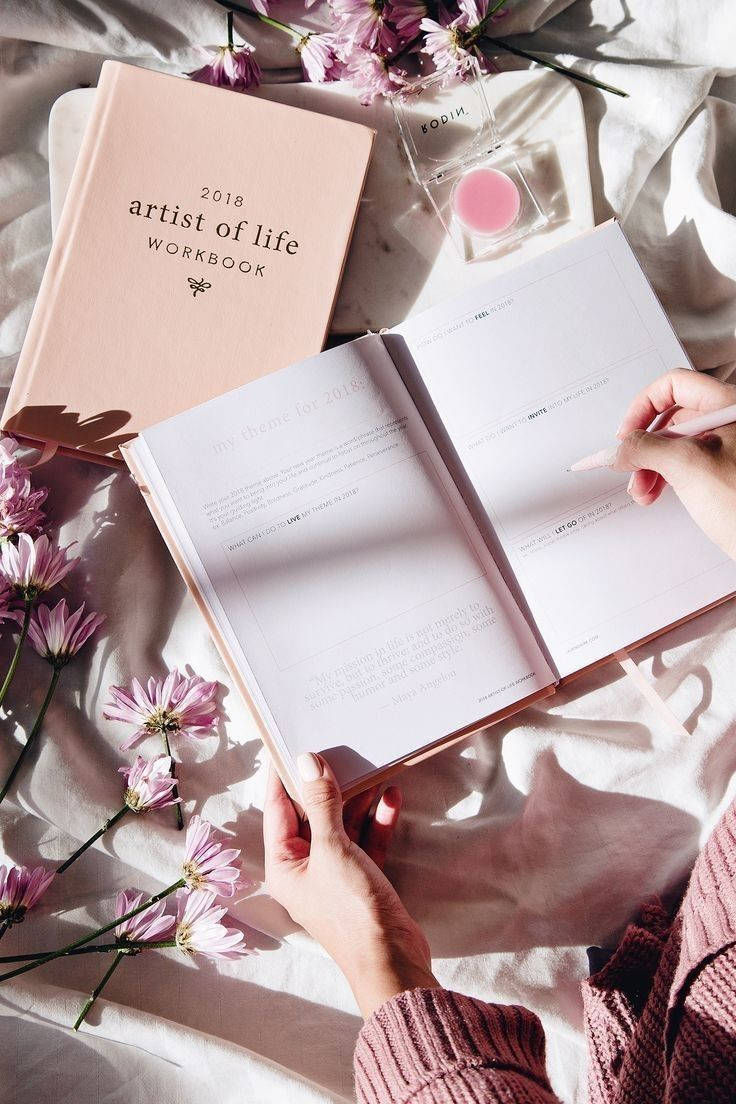 pink 2018 artist of life workbook, pink flowers, perfume bottle, SD Phone Wallpaper