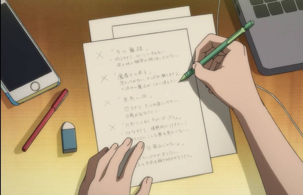 anime-style, hands writing Japanese text, green pen, SD Desktop Wallpaper