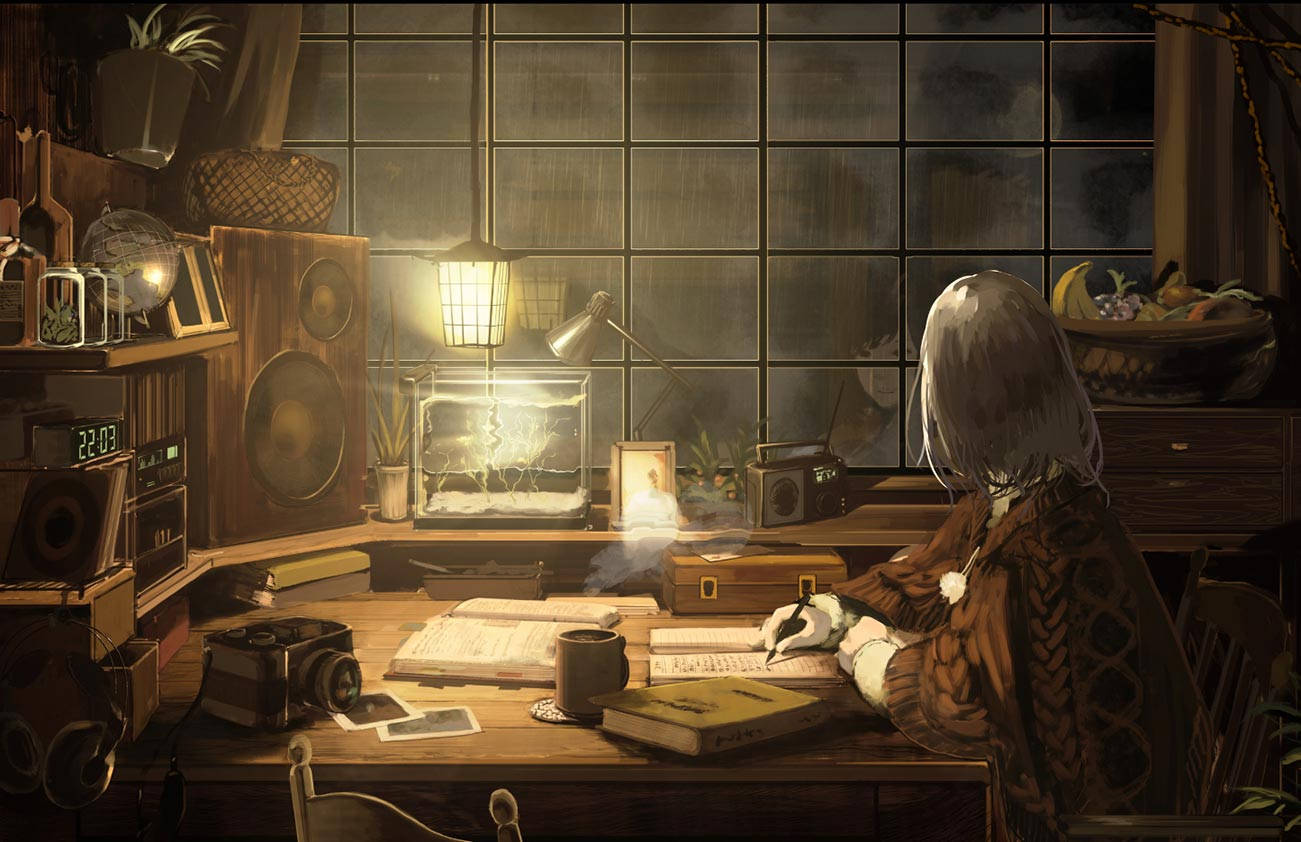 cluttered wooden desk, warm lamplight, rainy night study, HD Desktop Wallpaper