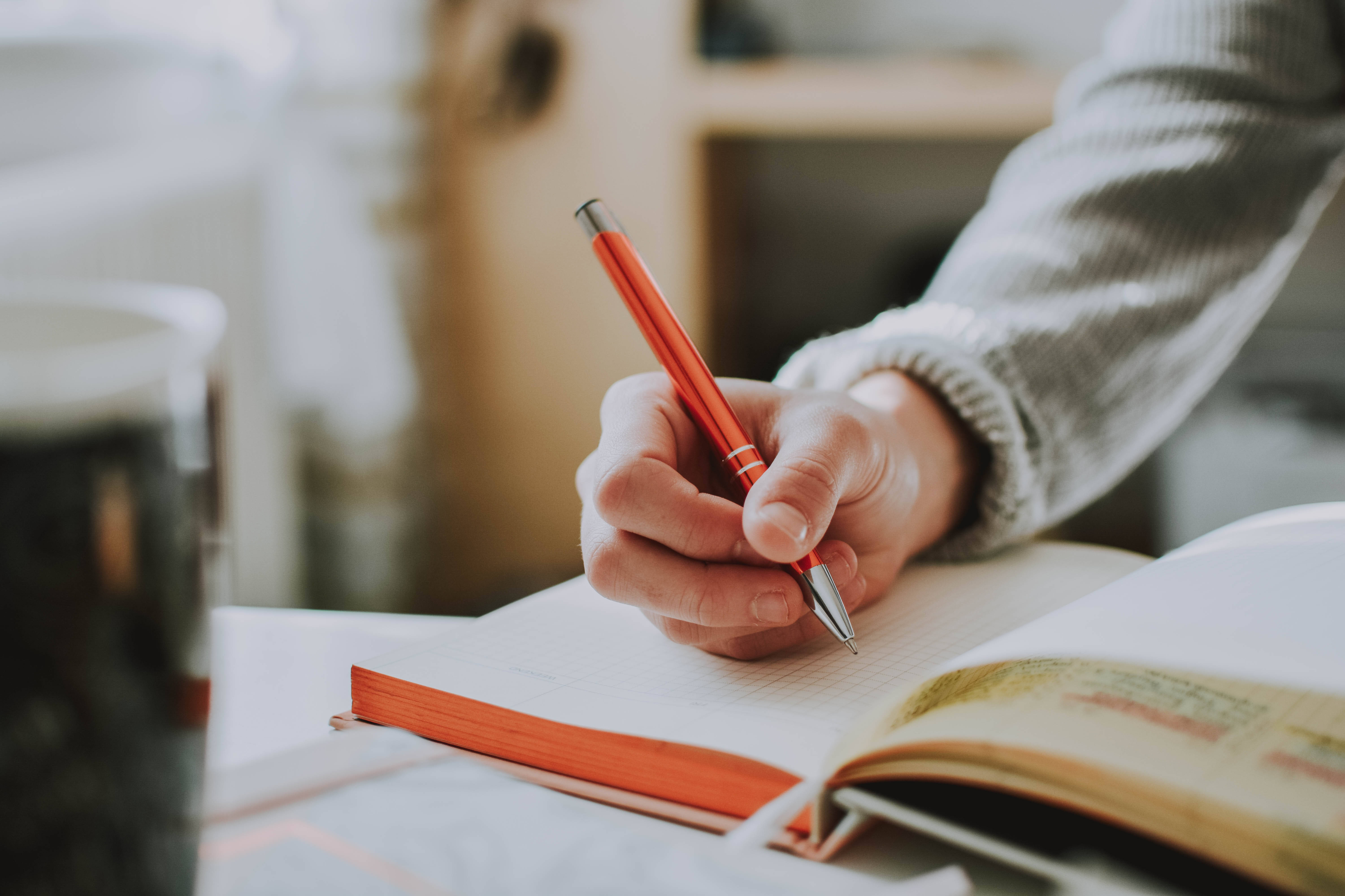 red pen, open notebook, wooden desk, 5K Desktop Wallpaper