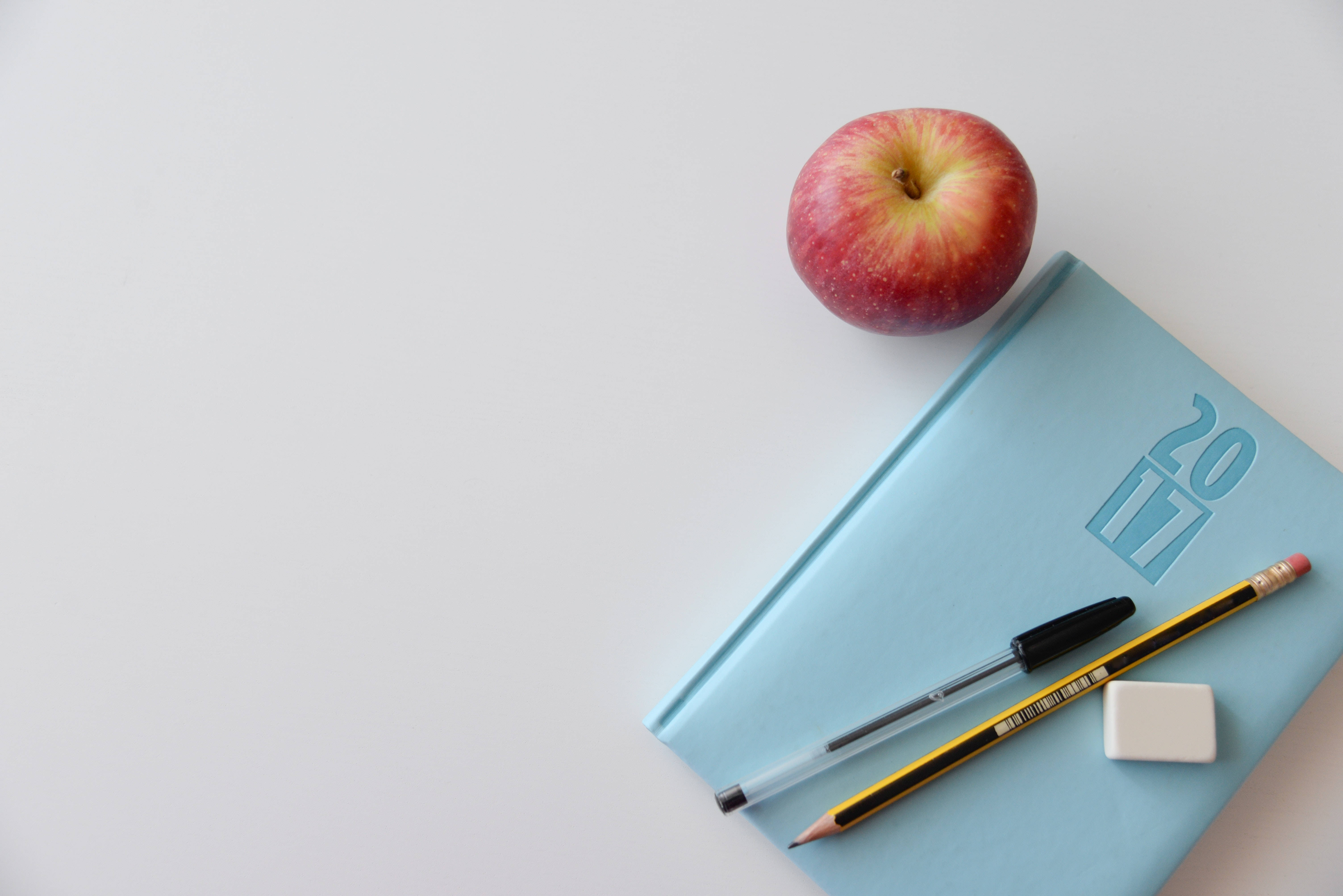 red apple, light blue 2021 planner, pencil pen, 5K Desktop Wallpaper